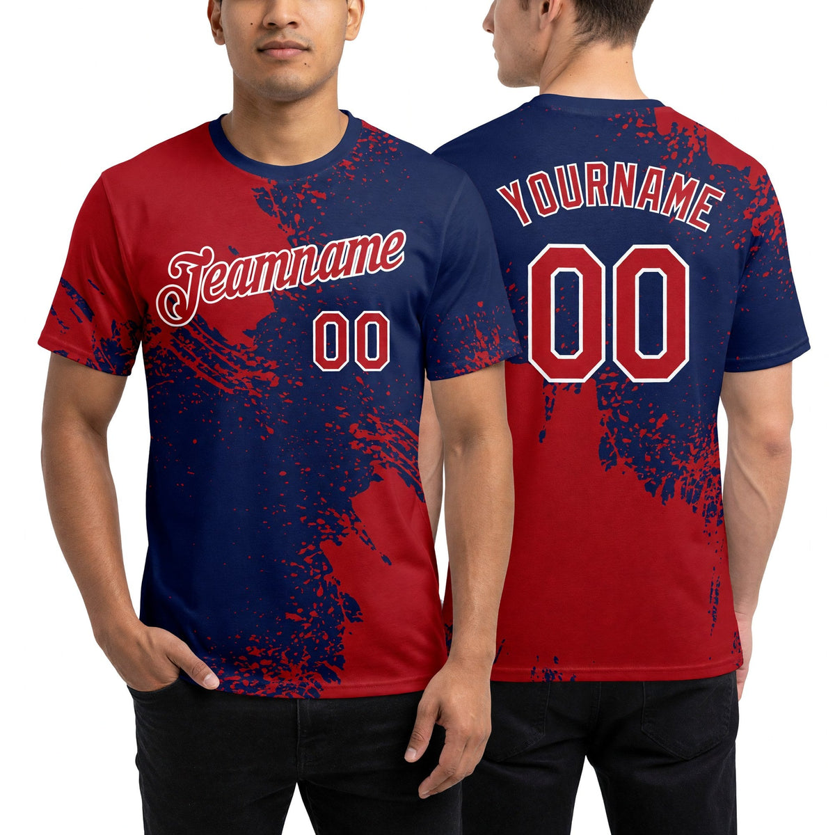 Custom Red Navy-White 3D Pattern Design Abstract Brush Stroke Performance T-Shirt worn front and back