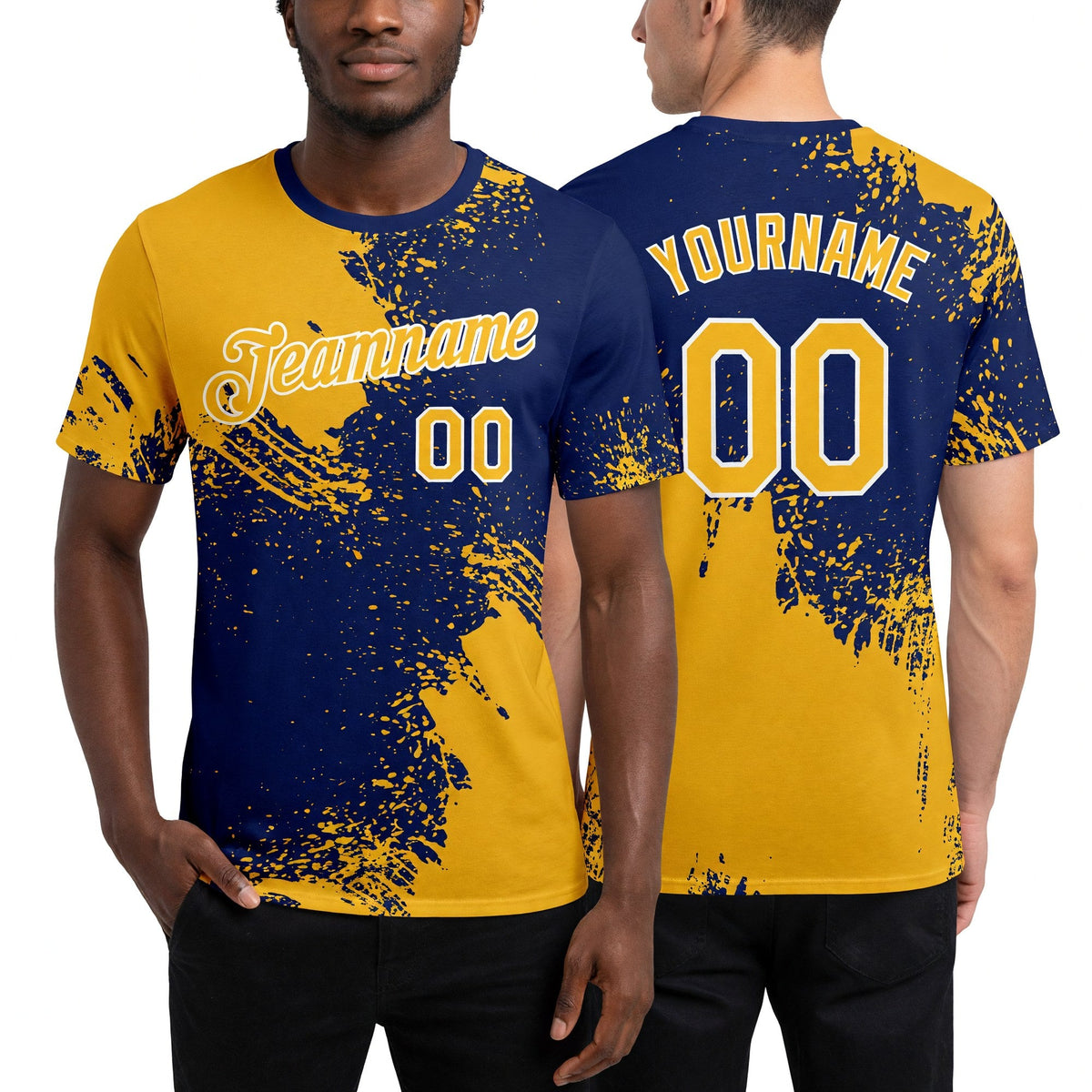 Custom Gold Navy-White 3D Pattern Design Abstract Brush Stroke Performance T-Shirt worn front and back