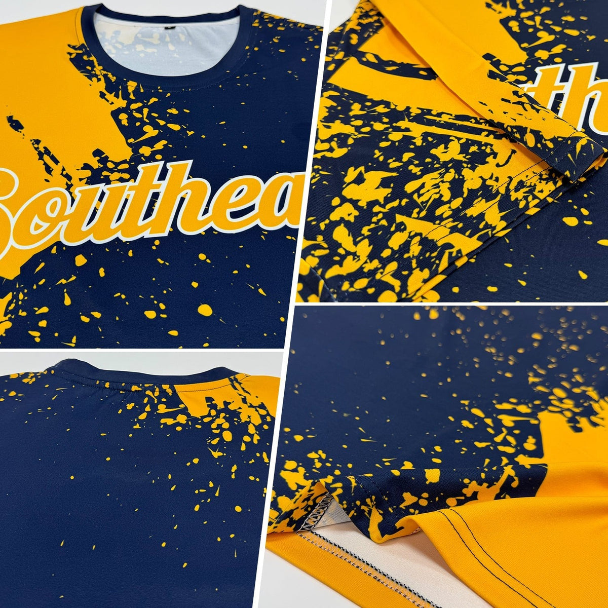 Custom Gold Navy-White 3D Pattern Design Abstract Brush Stroke Performance T-Shirt photo 2
