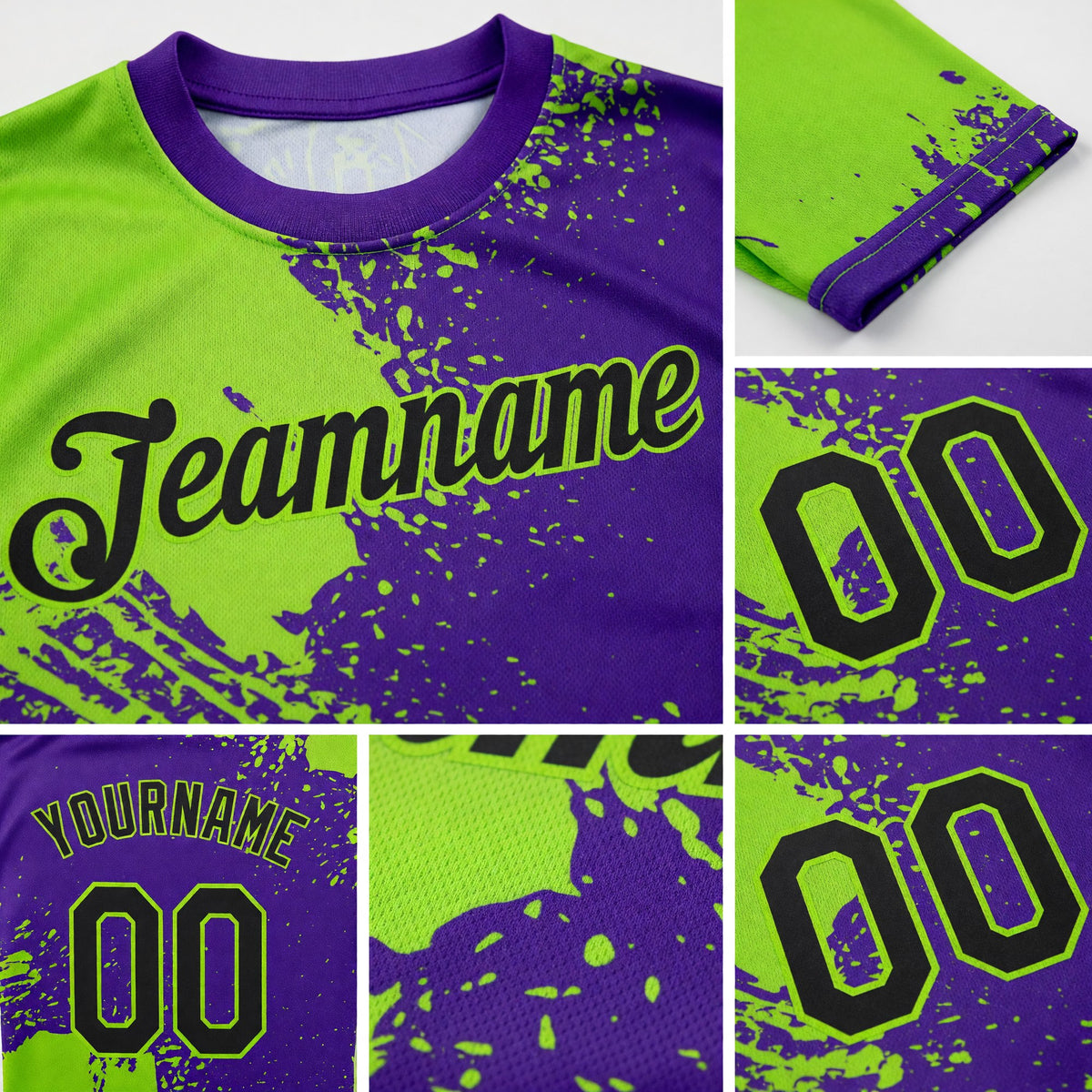 Custom Neon Green Black-Purple 3D Pattern Design Abstract Brush Stroke Performance T-Shirt detail