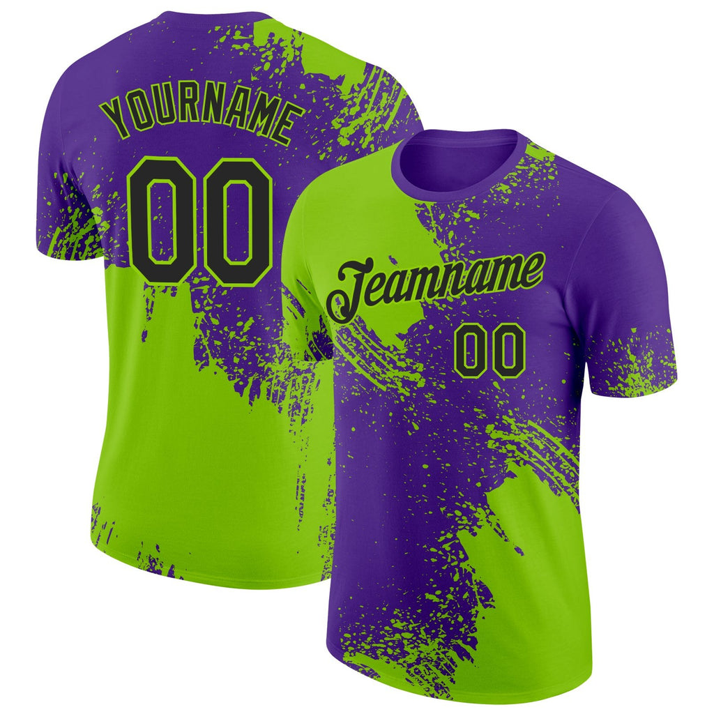 Custom Neon Green Black-Purple 3D Pattern Design Abstract Brush Stroke Performance T-Shirt photo 1