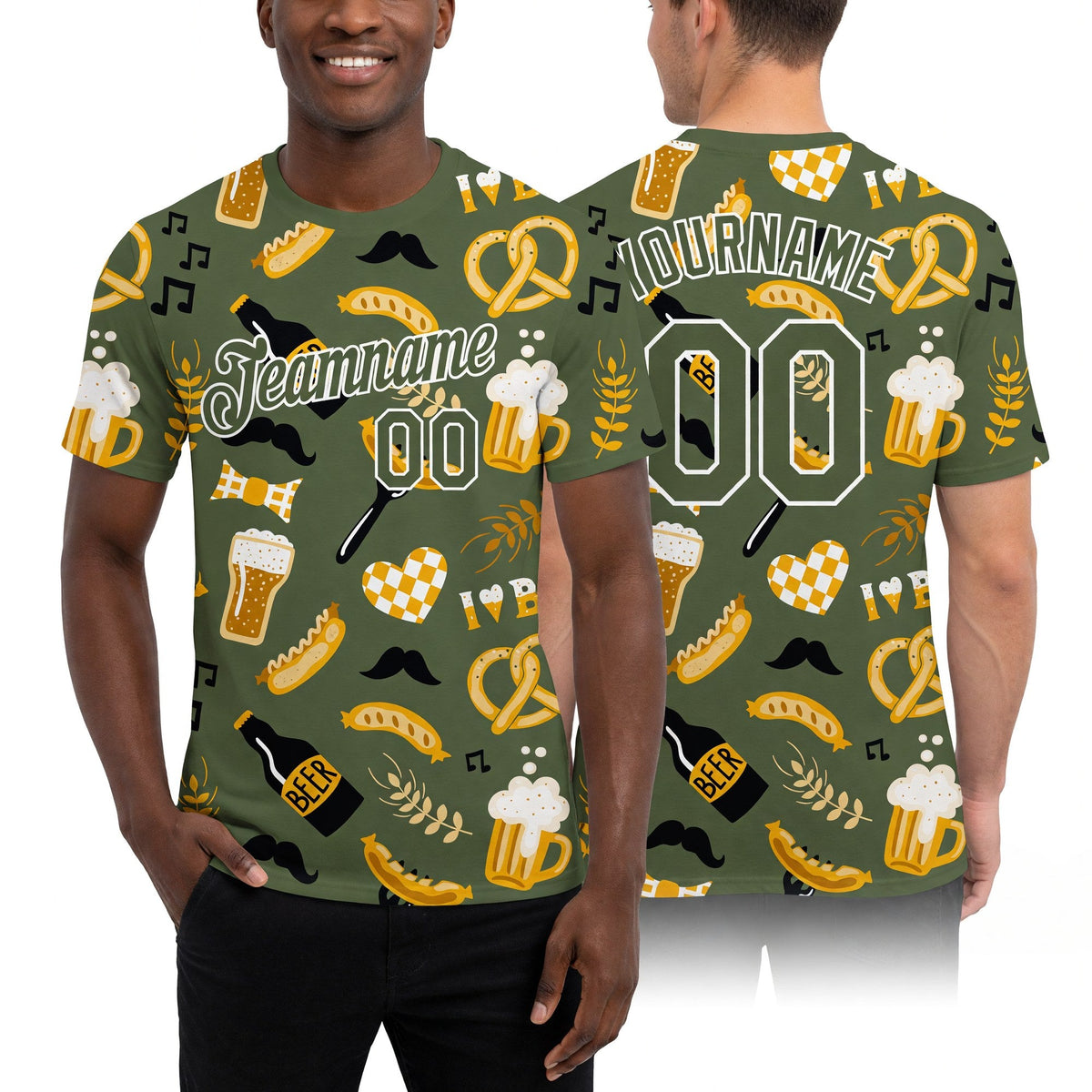 Custom Olive White 3D Pattern Design Oktoberfest Beer Festival Performance T-Shirt worn front and back