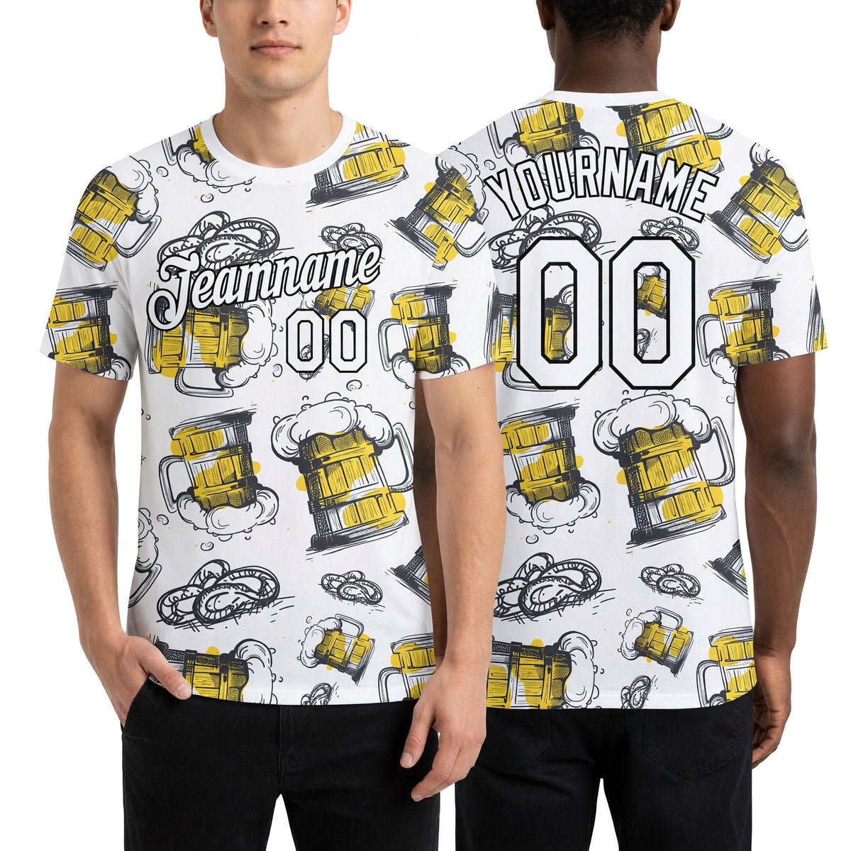 Custom White Black 3D Pattern Design Oktoberfest Beer Festival Performance T-Shirt worn front and back