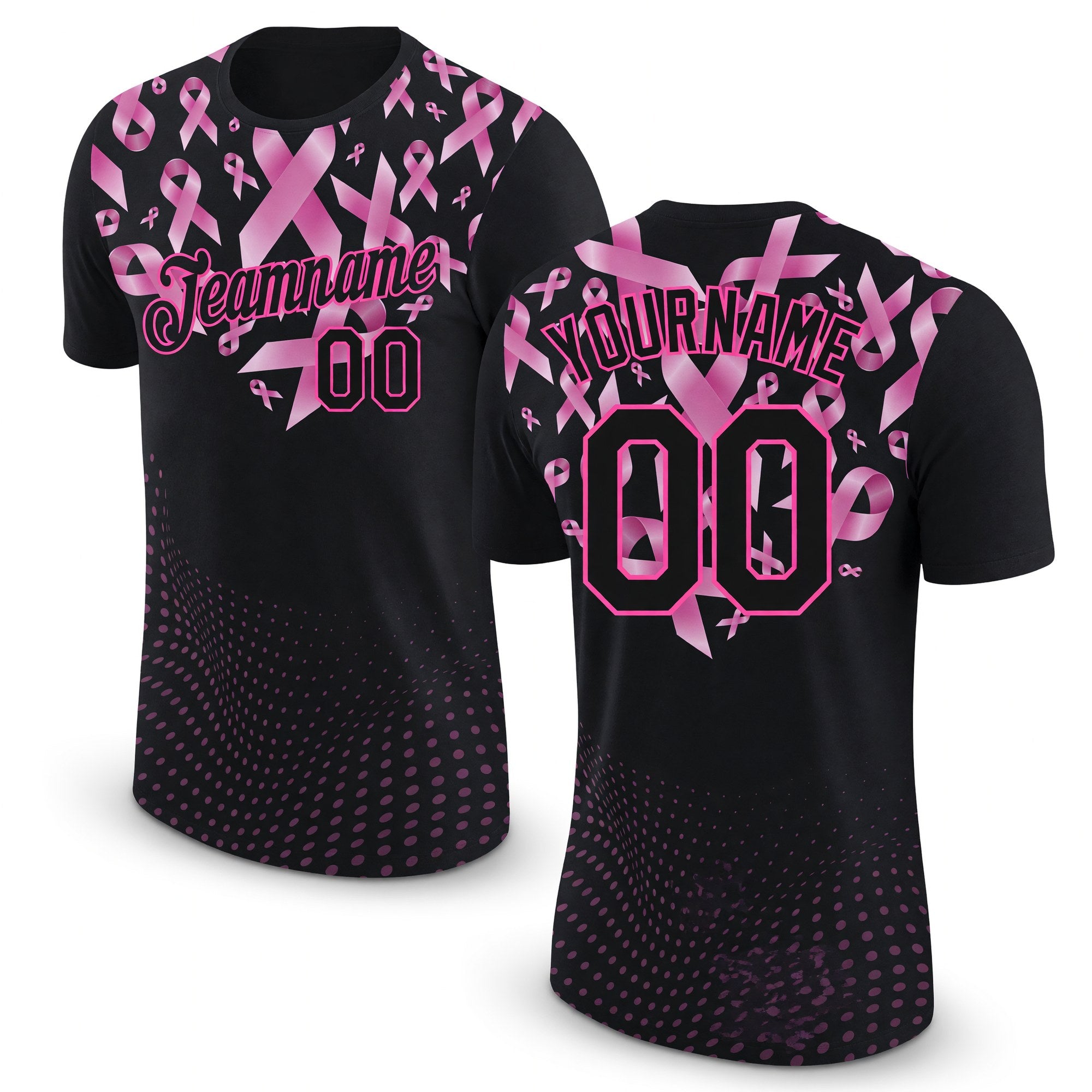 Custom Black Pink 3D Pink Ribbon Breast Cancer Heart Performance T-Shirt
