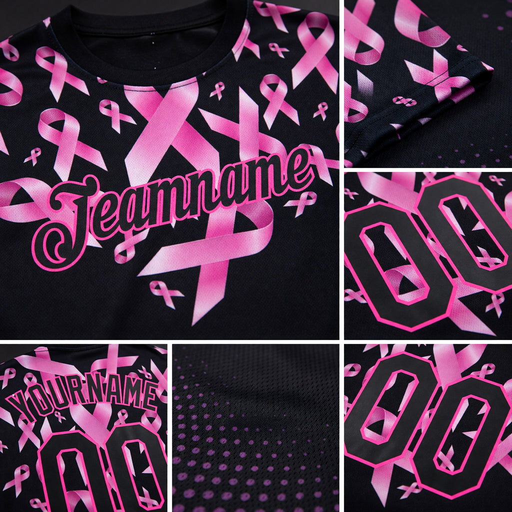 Custom Black Pink 3D Pink Ribbon Breast Cancer Heart Performance T-Shirt detail