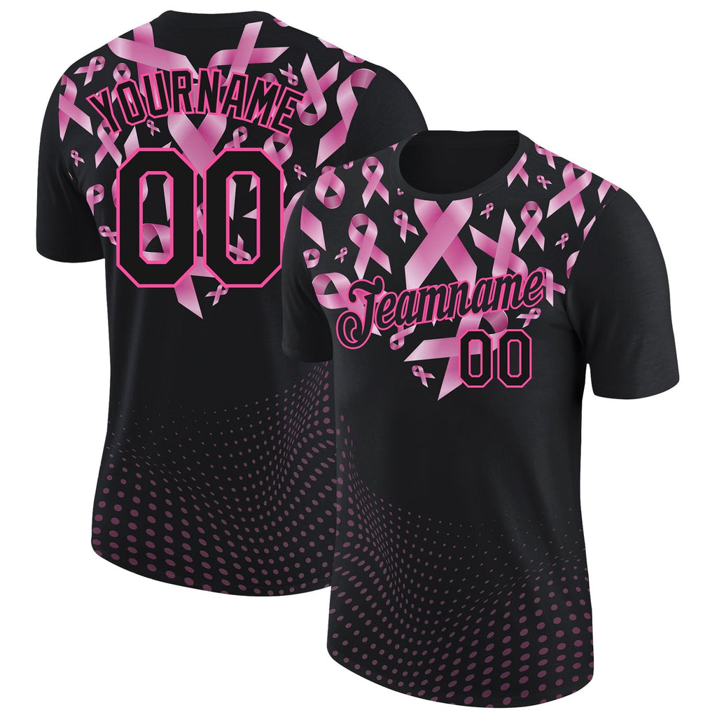Custom Black Pink 3D Pink Ribbon Breast Cancer Heart Performance T-Shirt photo 1