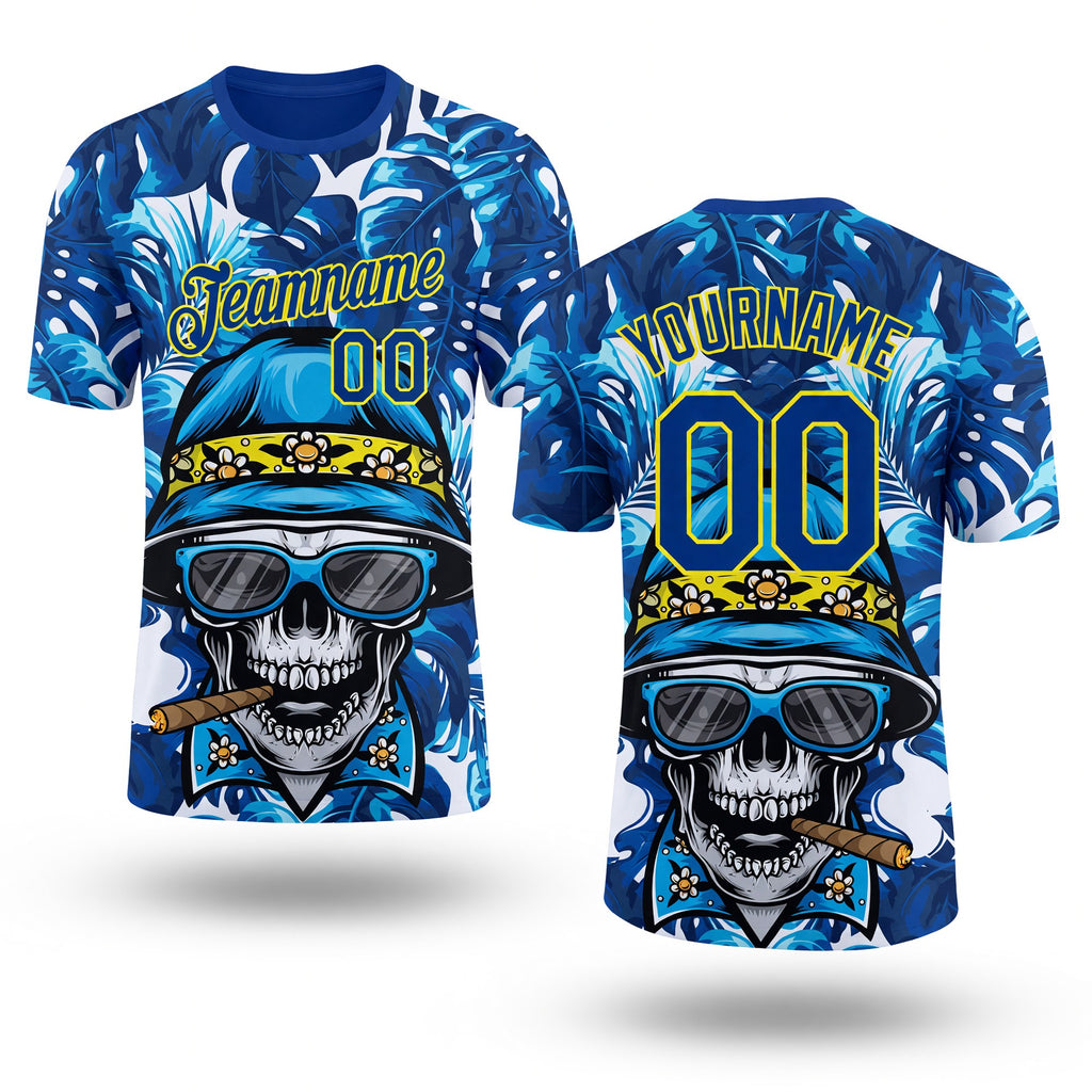 Custom Royal Light Yellow 3D Pattern Design Hawaii Style Skull And Tropical Palm Leaves Performance T-Shirt