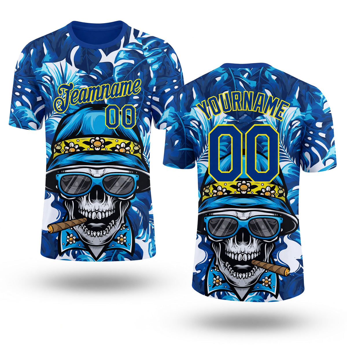 Custom Royal Light Yellow 3D Pattern Design Hawaii Style Skull And Tropical Palm Leaves Performance T-Shirt