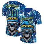 Custom Royal Light Yellow 3D Pattern Design Hawaii Style Skull And Tropical Palm Leaves Performance T-Shirt photo 1