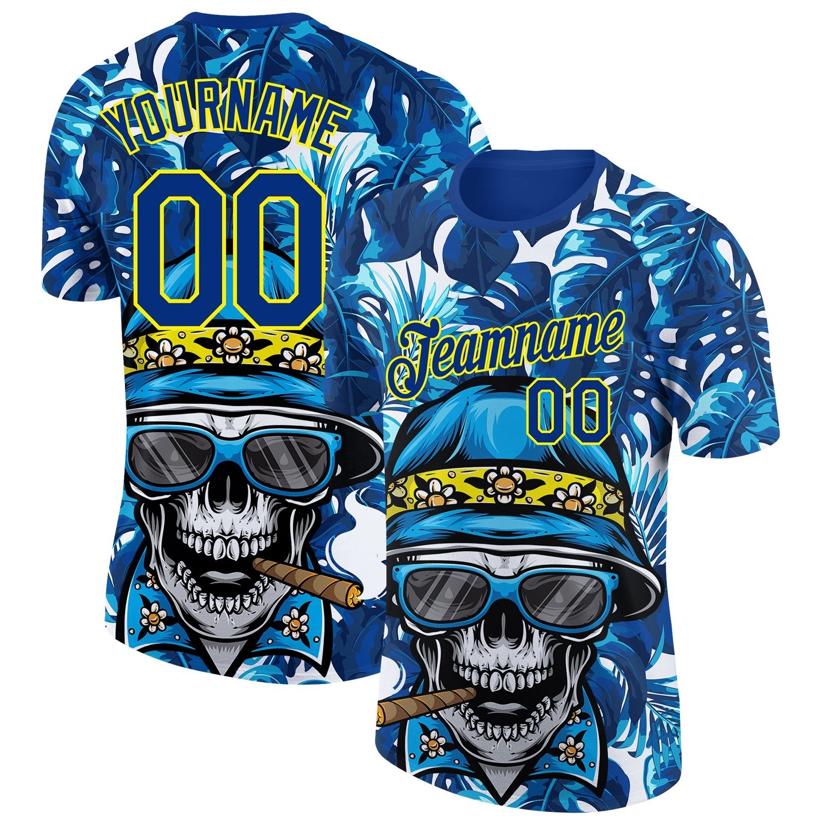 Custom Royal Light Yellow 3D Pattern Design Hawaii Style Skull And Tropical Palm Leaves Performance T-Shirt photo 1