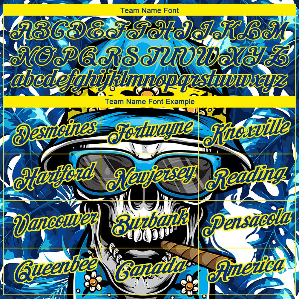 Custom Royal Light Yellow 3D Pattern Design Hawaii Style Skull And Tropical Palm Leaves Performance T-Shirt photo 2