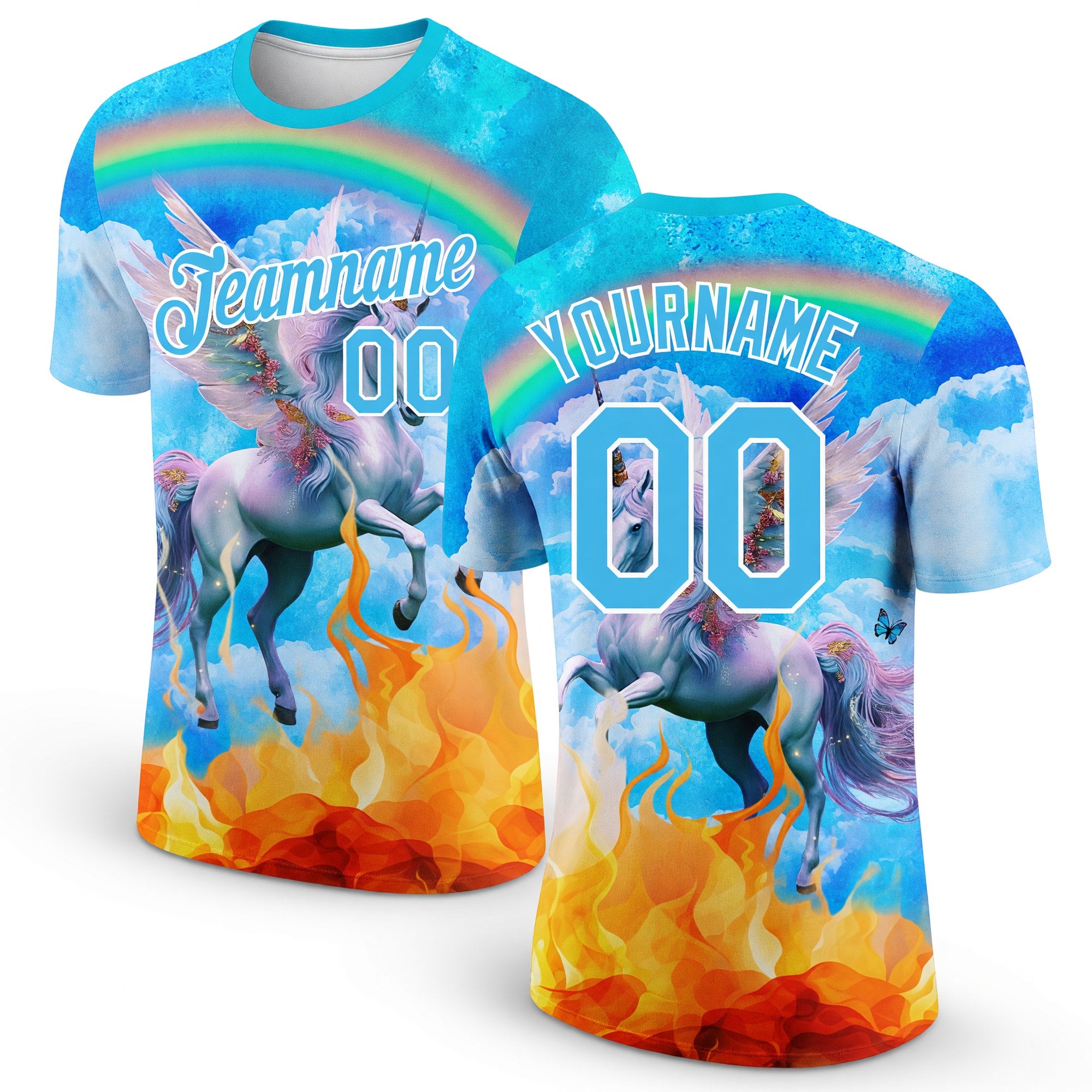 Custom Lakes Blue White 3D Pattern Design Unicorn Under The Rainbow Performance T-Shirt