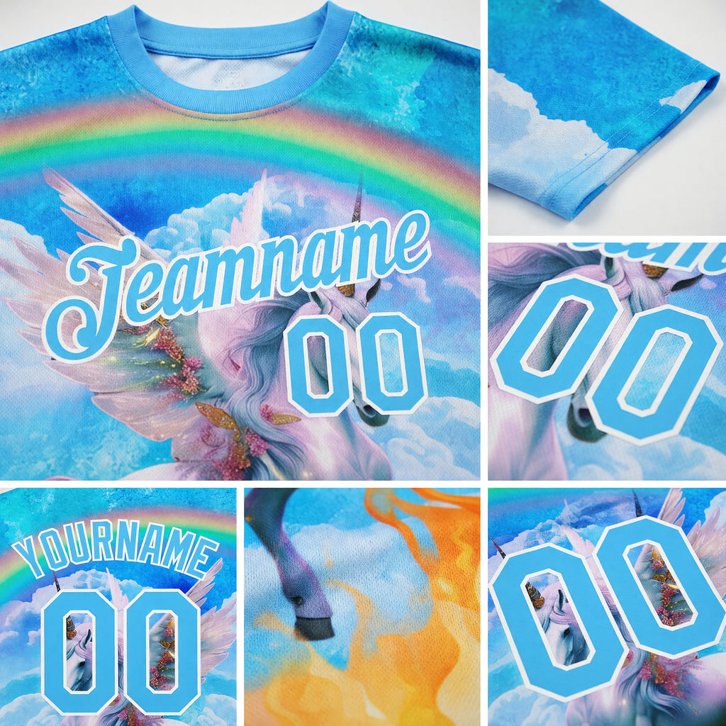 Custom Lakes Blue White 3D Pattern Design Unicorn Under The Rainbow Performance T-Shirt detail