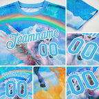 Custom Lakes Blue White 3D Pattern Design Unicorn Under The Rainbow Performance T-Shirt detail