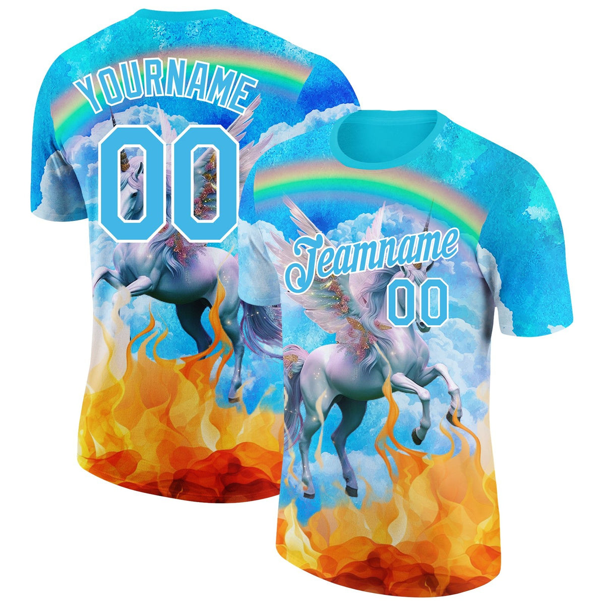 Custom Lakes Blue White 3D Pattern Design Unicorn Under The Rainbow Performance T-Shirt photo 1