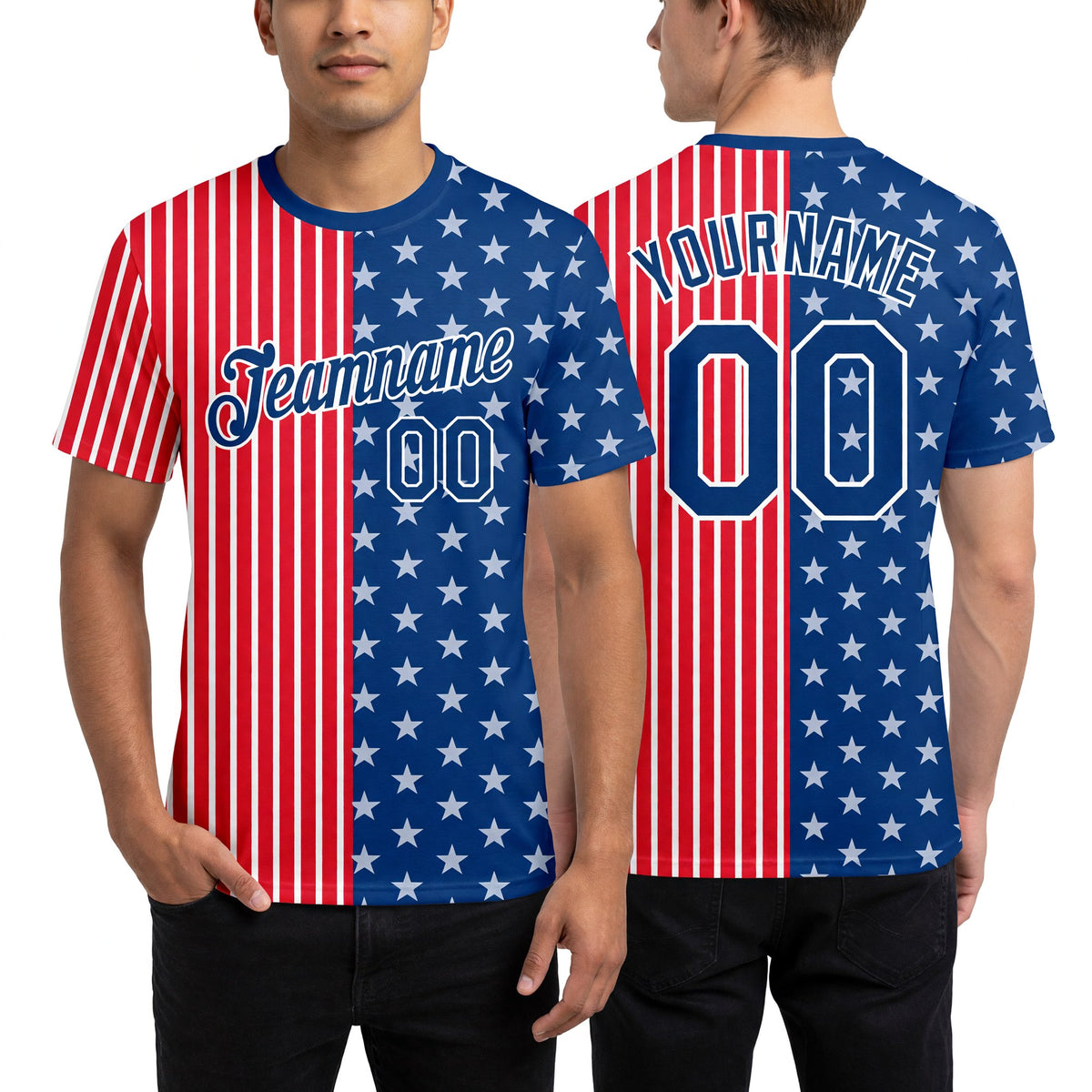 Custom Fire Red US Navy Blue-White 3D Pattern Design Star Performance T-Shirt worn front and back