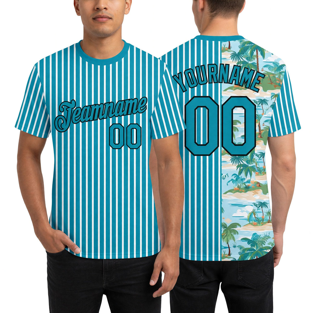 Custom Teal Black-White 3D Tropical Hawaii Beach And Palm Trees Performance T-Shirt worn front and back