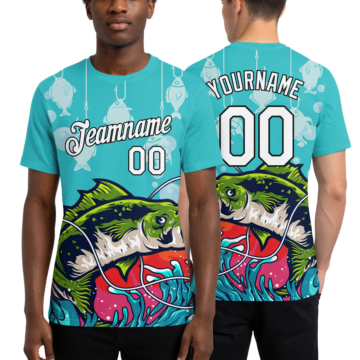 Custom Aqua White-Black 3D Pattern Design Big Bass Fish Fishing Performance T-Shirt worn front and back