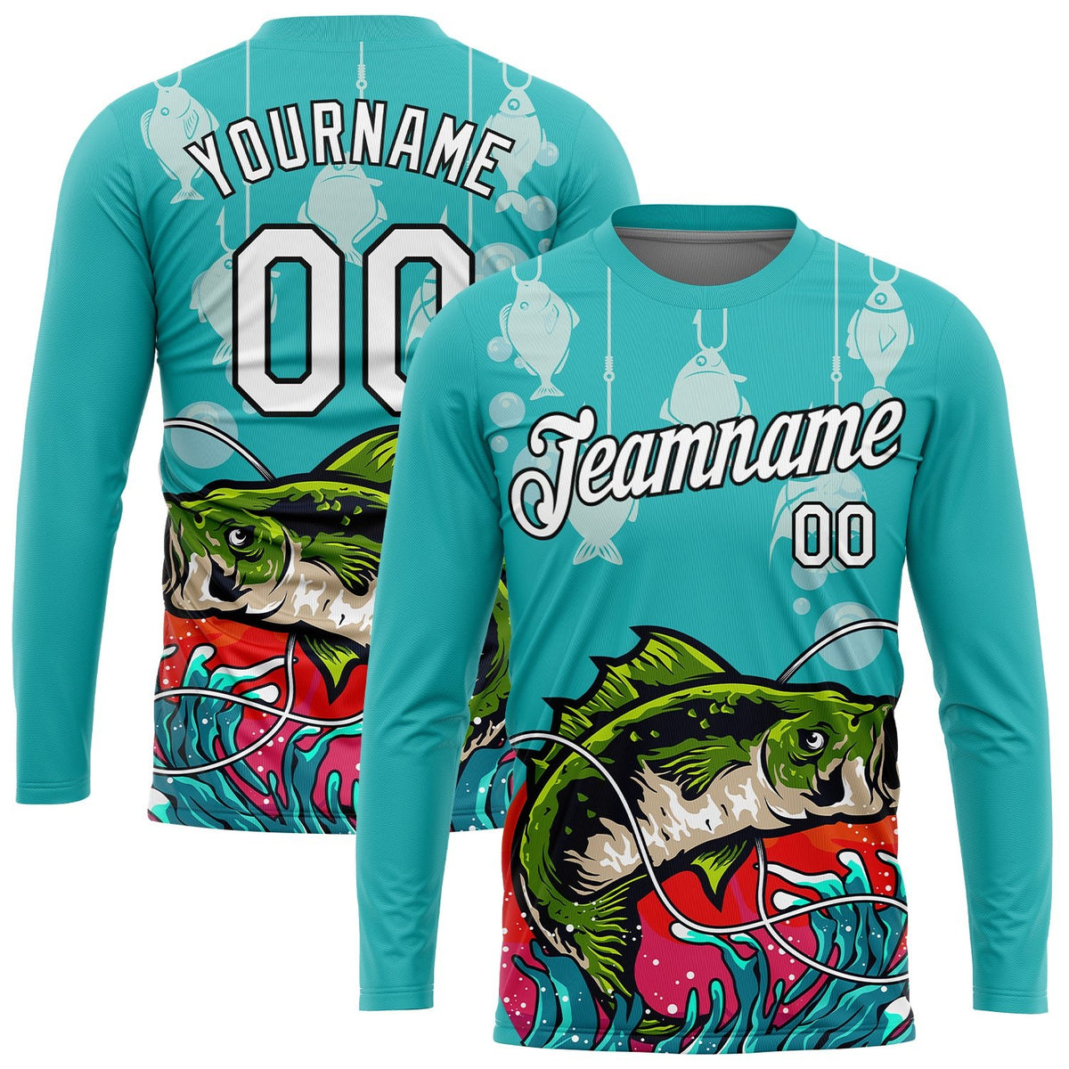 Custom Aqua White-Black 3D Pattern Design Big Bass Fish Fishing Performance T-Shirt photo 2