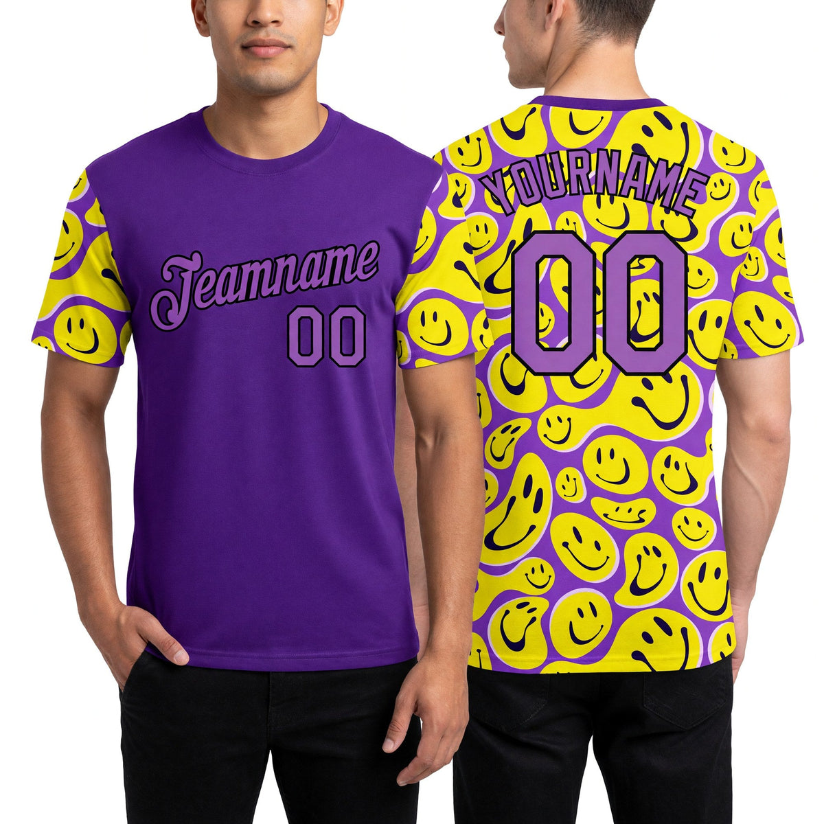 Custom Medium Purple Black 3D Pattern Design Smile Emoji Performance T-Shirt worn front and back
