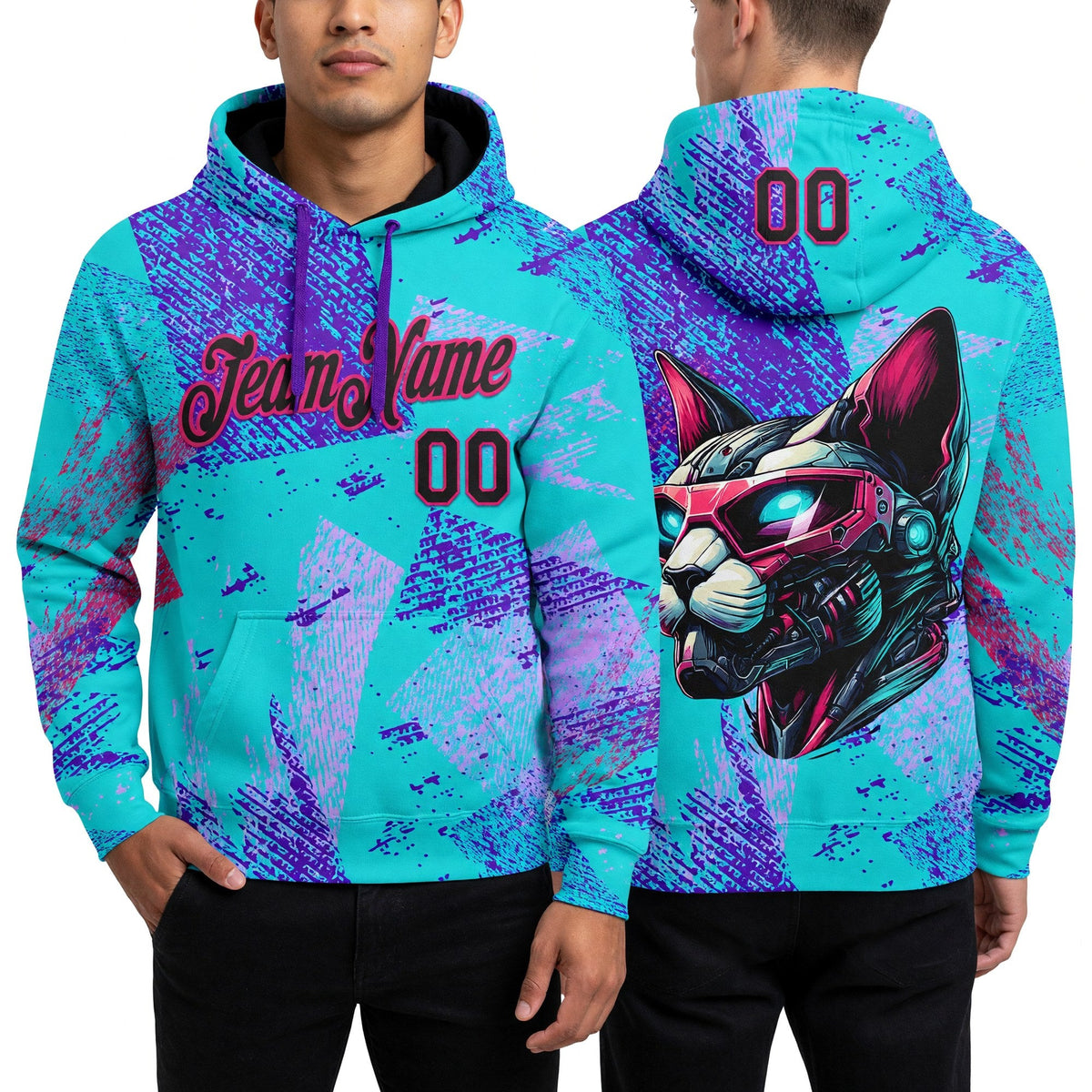 Custom Stitched Ice Blue Black-Hot Pink 3D Halloween Abstract Brush Stroke Sports Pullover Sweatshirt Hoodie worn front and back