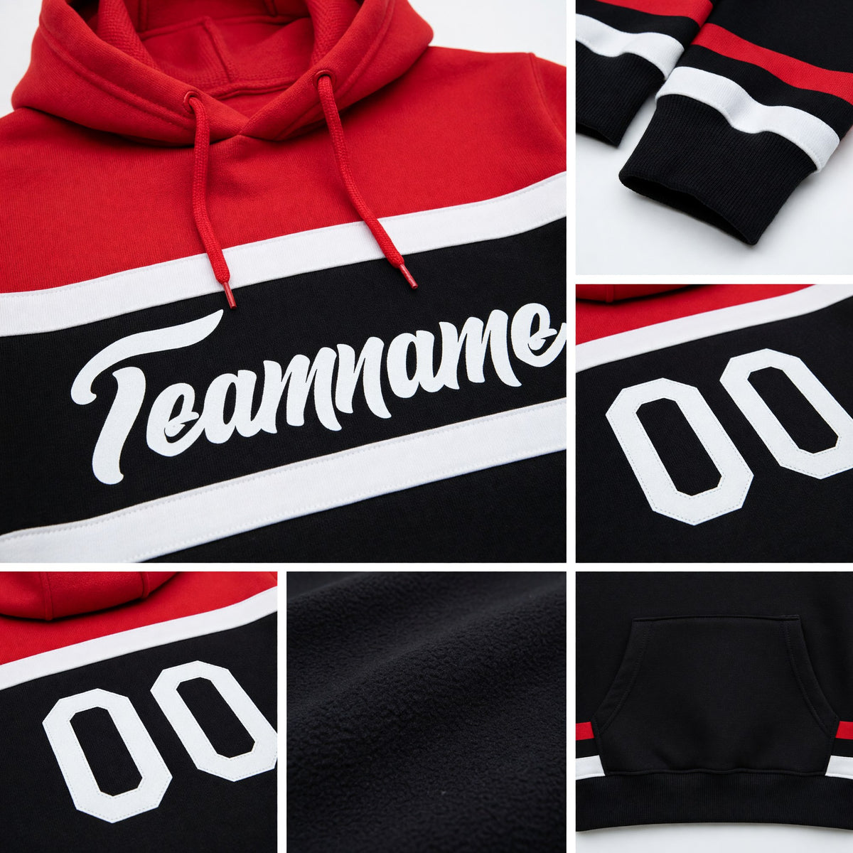 Custom Stitched Black White-Red Line Sports Pullover Sweatshirt Hoodie detail