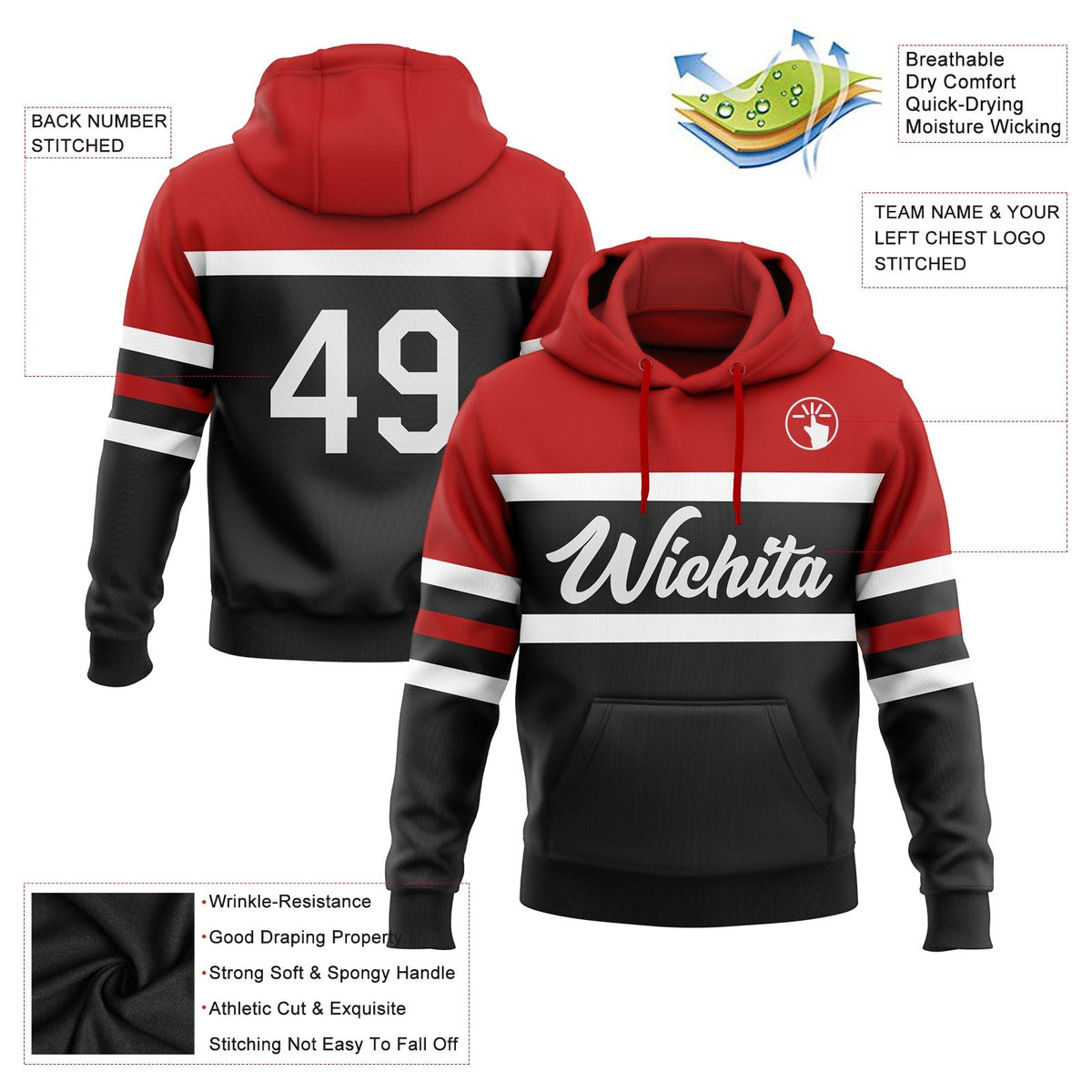Custom Stitched Black White-Red Line Sports Pullover Sweatshirt Hoodie photo 2