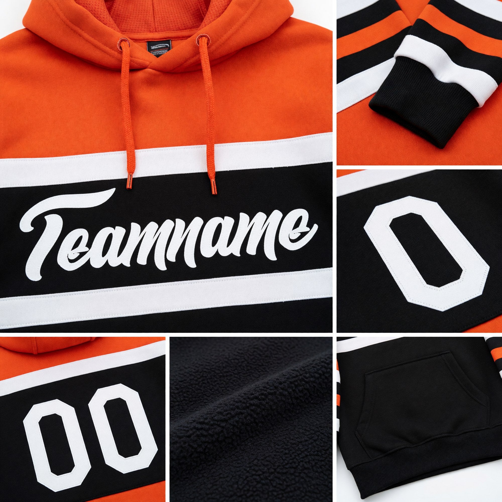 Custom Stitched Black White-Orange Line Sports Pullover Sweatshirt Hoodie detail