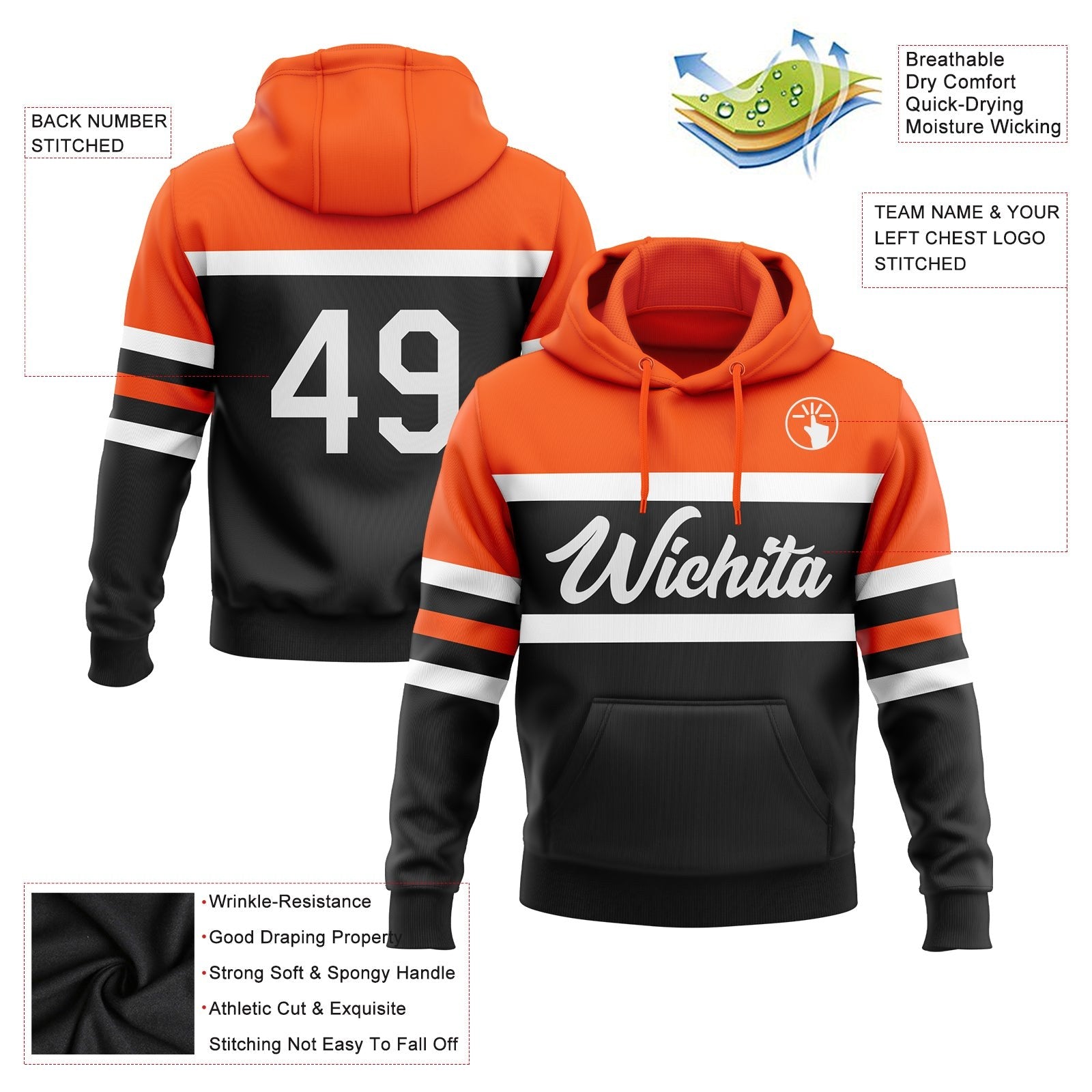 Custom Stitched Black White-Orange Line Sports Pullover Sweatshirt Hoodie photo 2
