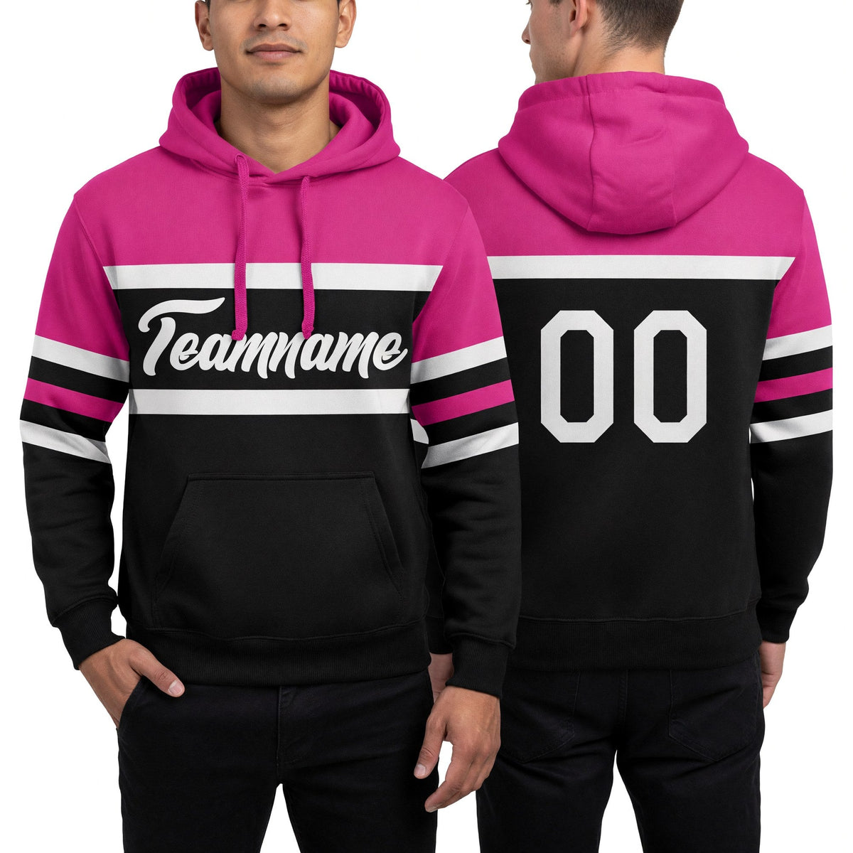 Custom Stitched Black White-Pink Line Sports Pullover Sweatshirt Hoodie worn front and back