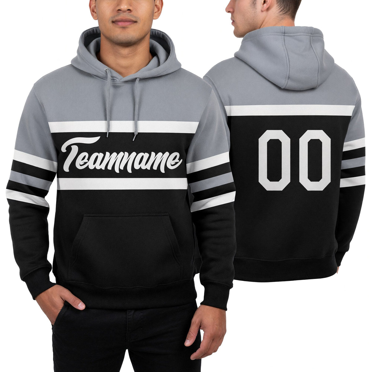 Custom Stitched Black White-Gray Line Sports Pullover Sweatshirt Hoodie worn front and back