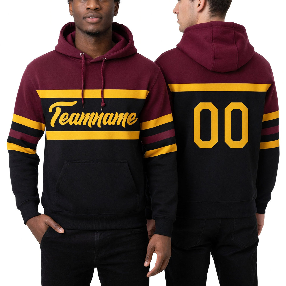 Custom Stitched Black Gold-Crimson Line Sports Pullover Sweatshirt Hoodie worn front and back
