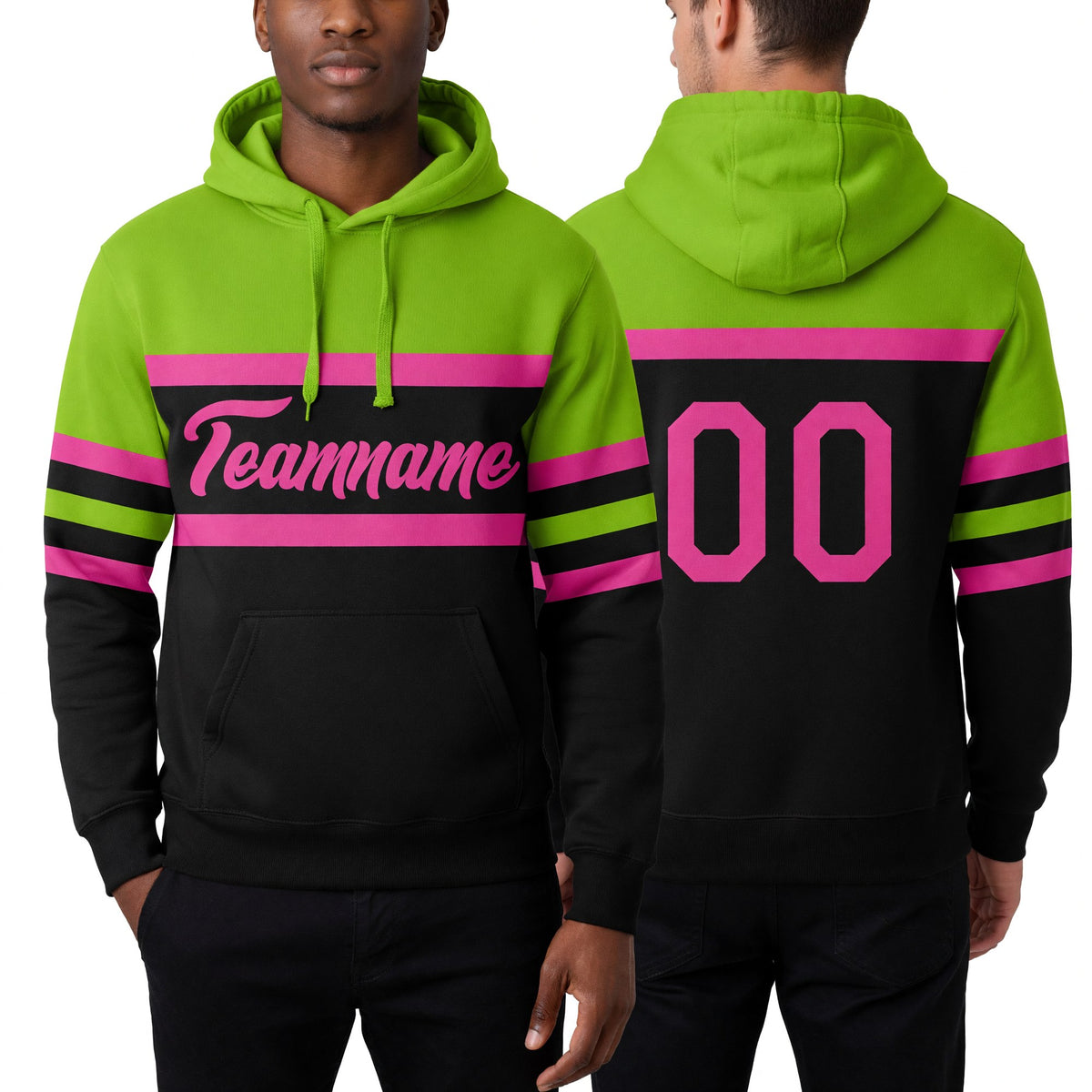 Custom Stitched Black Pink-Neon Green Line Sports Pullover Sweatshirt Hoodie worn front and back