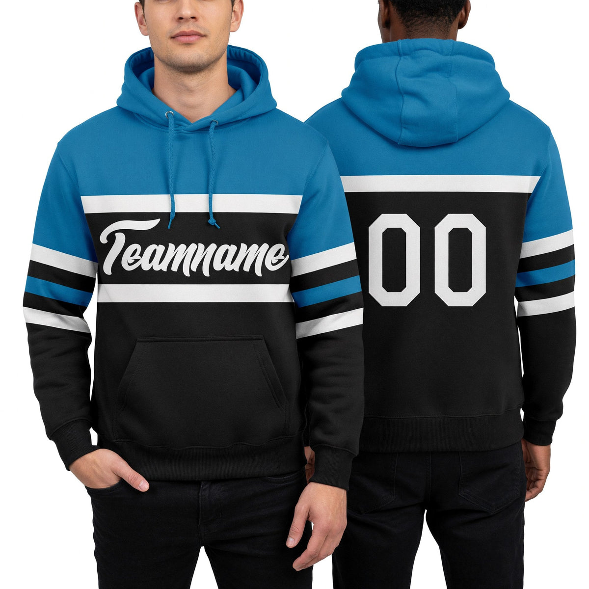 Custom Stitched Black White-Panther Blue Line Sports Pullover Sweatshirt Hoodie worn front and back