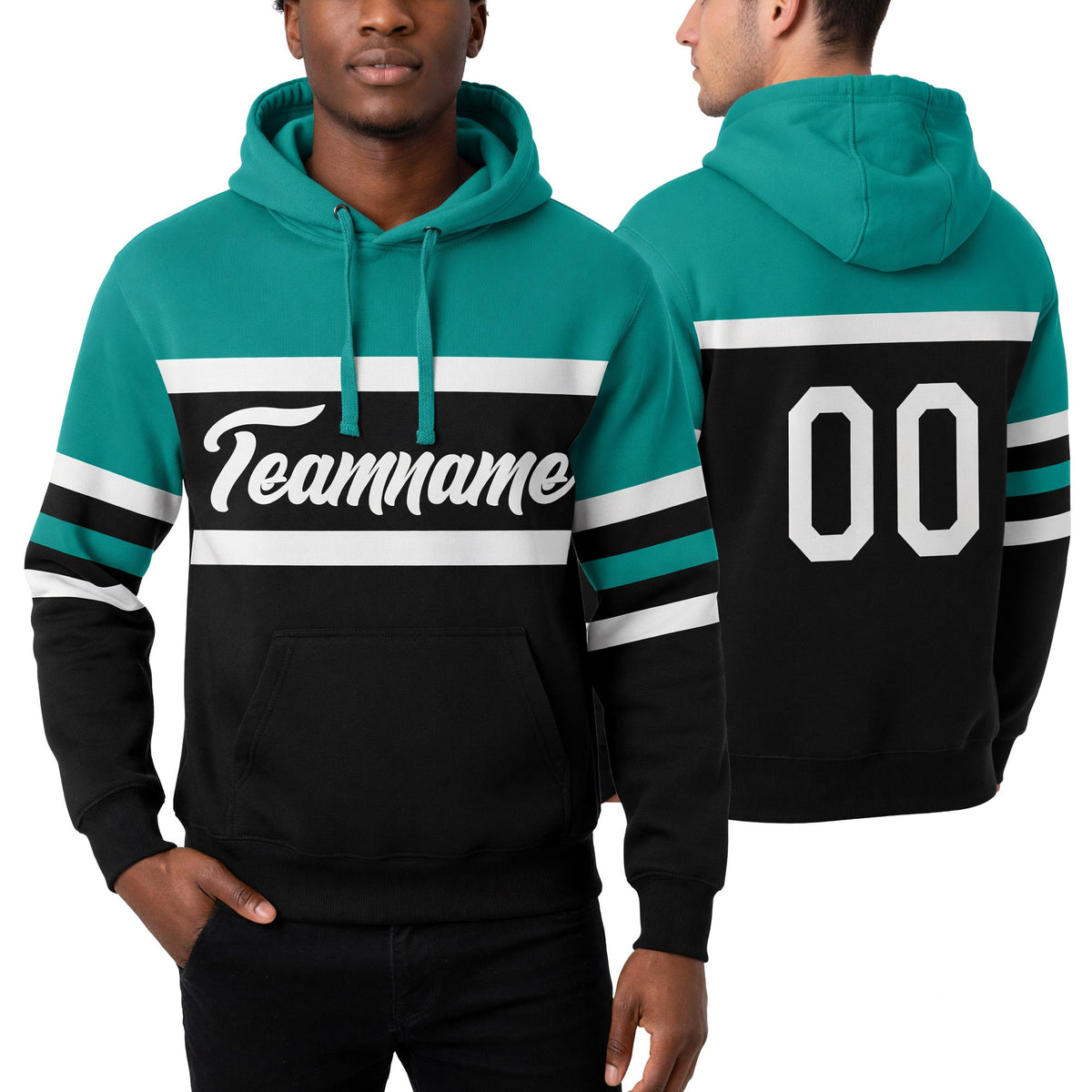Custom Stitched Black White-Aqua Line Sports Pullover Sweatshirt Hoodie worn front and back