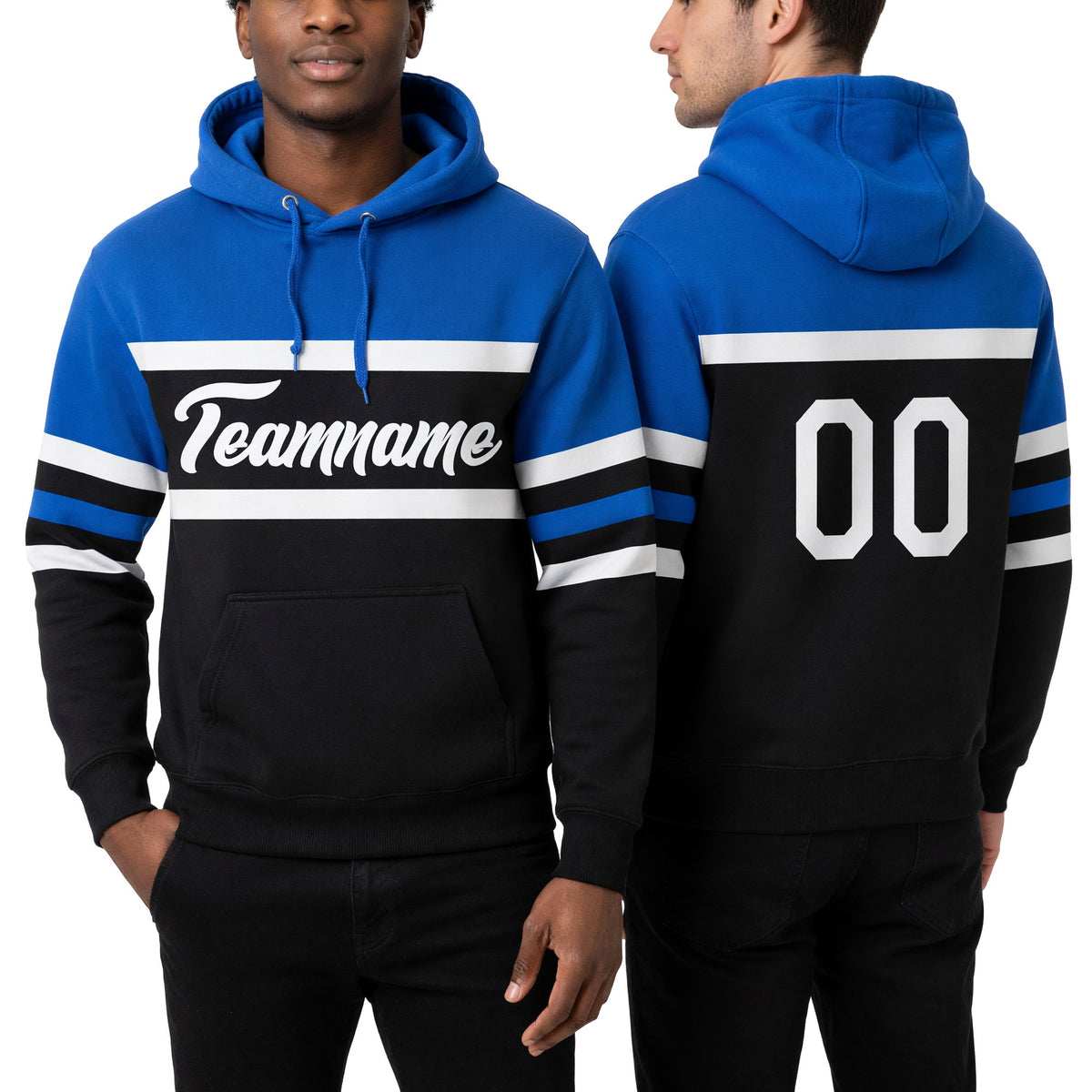 Custom Stitched Black White-Thunder Blue Line Sports Pullover Sweatshirt Hoodie worn front and back