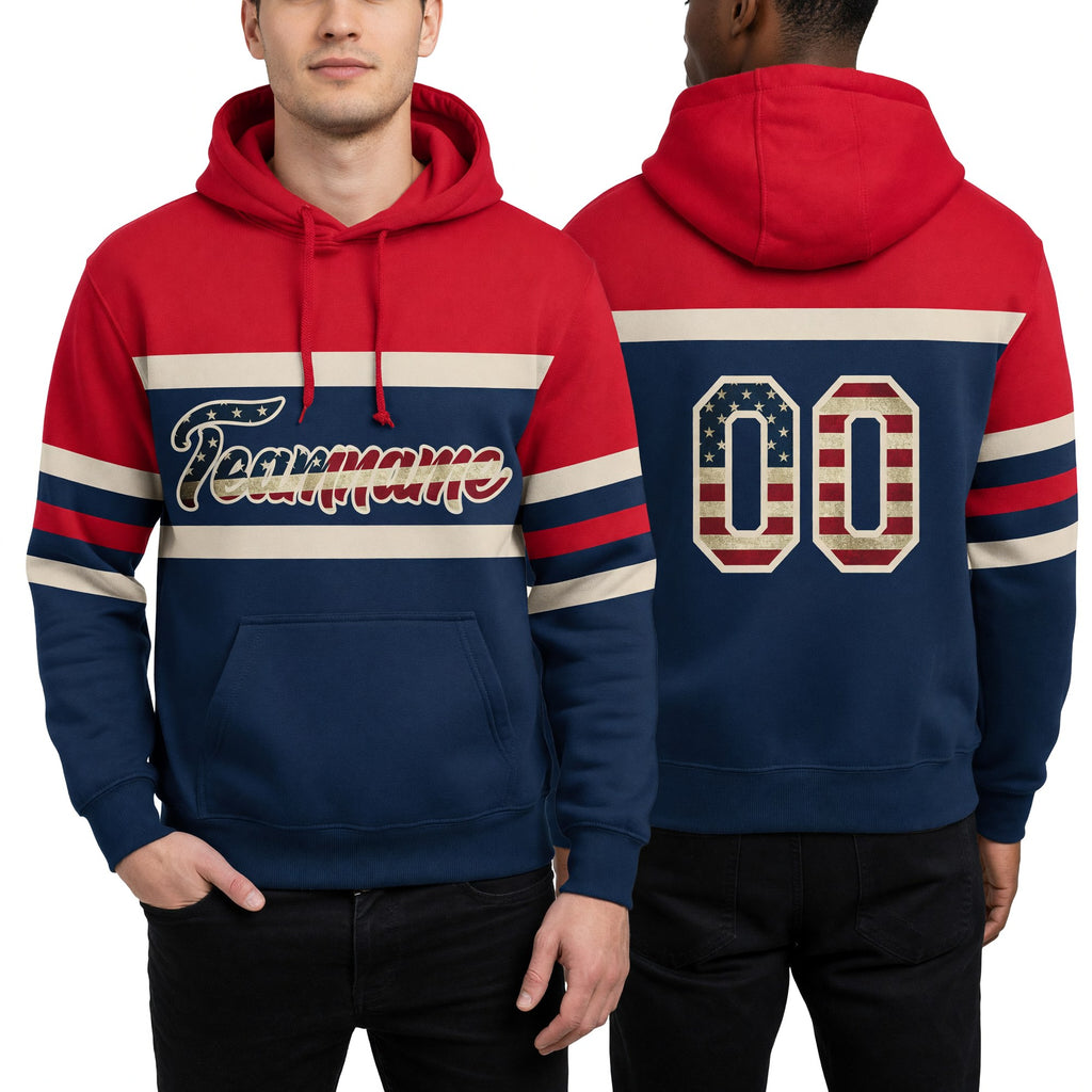 Custom Stitched Navy Vintage USA Flag Cream-Red Line Sports Pullover Sweatshirt Hoodie worn front and back