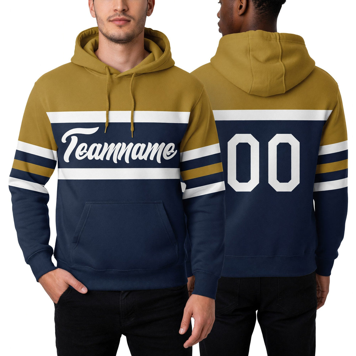 Custom Stitched Navy White-Old Gold Line Sports Pullover Sweatshirt Hoodie worn front and back