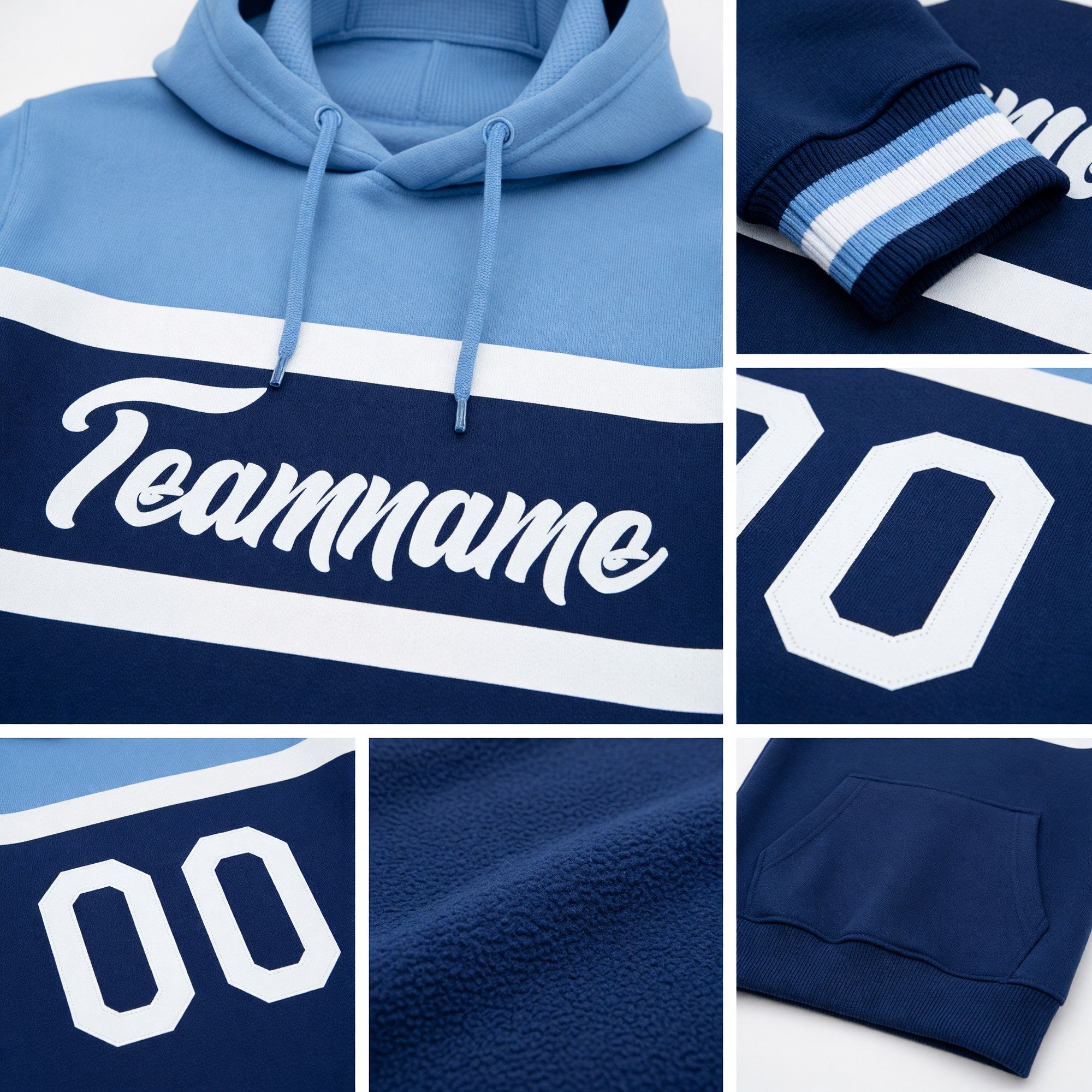 Custom Stitched Royal White-Light Blue Line Sports Pullover Sweatshirt Hoodie detail