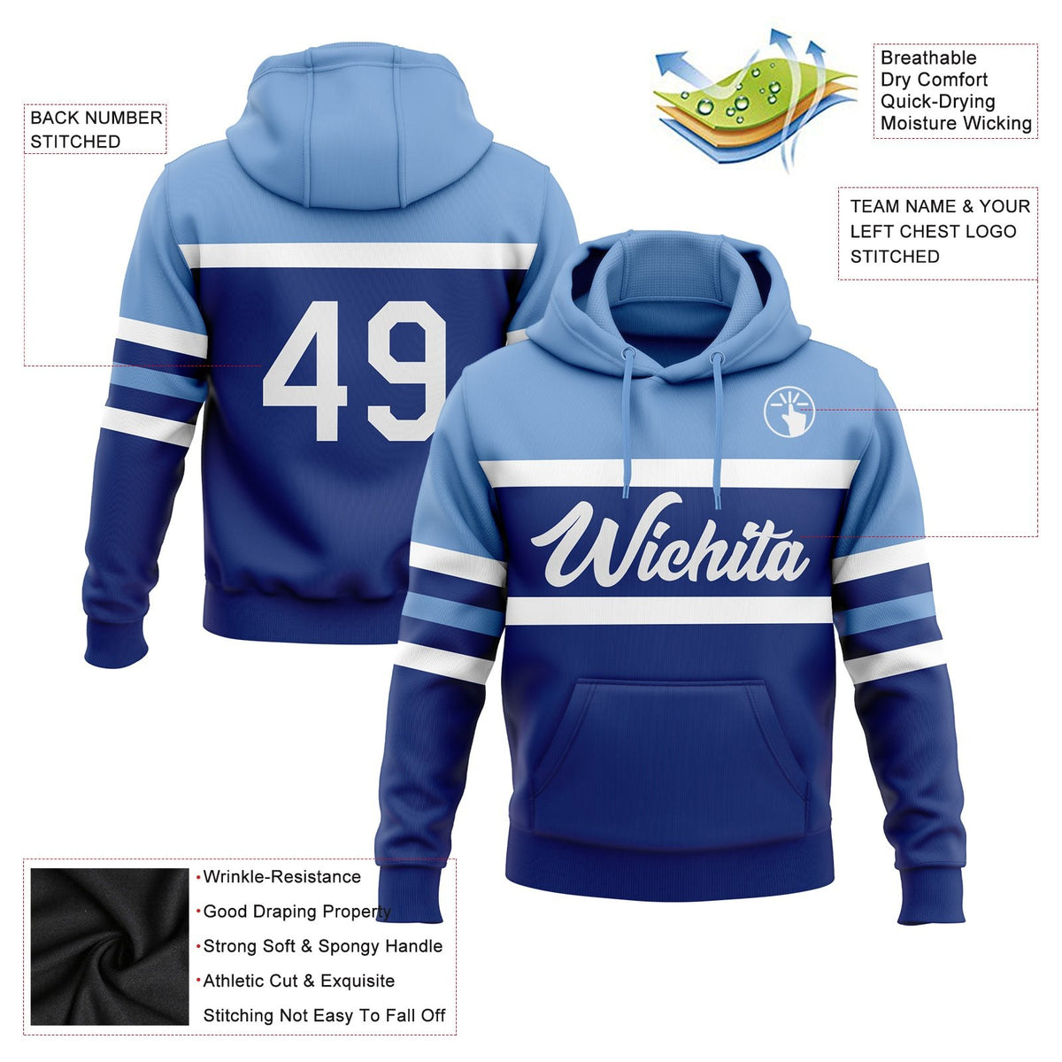 Custom Stitched Royal White-Light Blue Line Sports Pullover Sweatshirt Hoodie photo 2