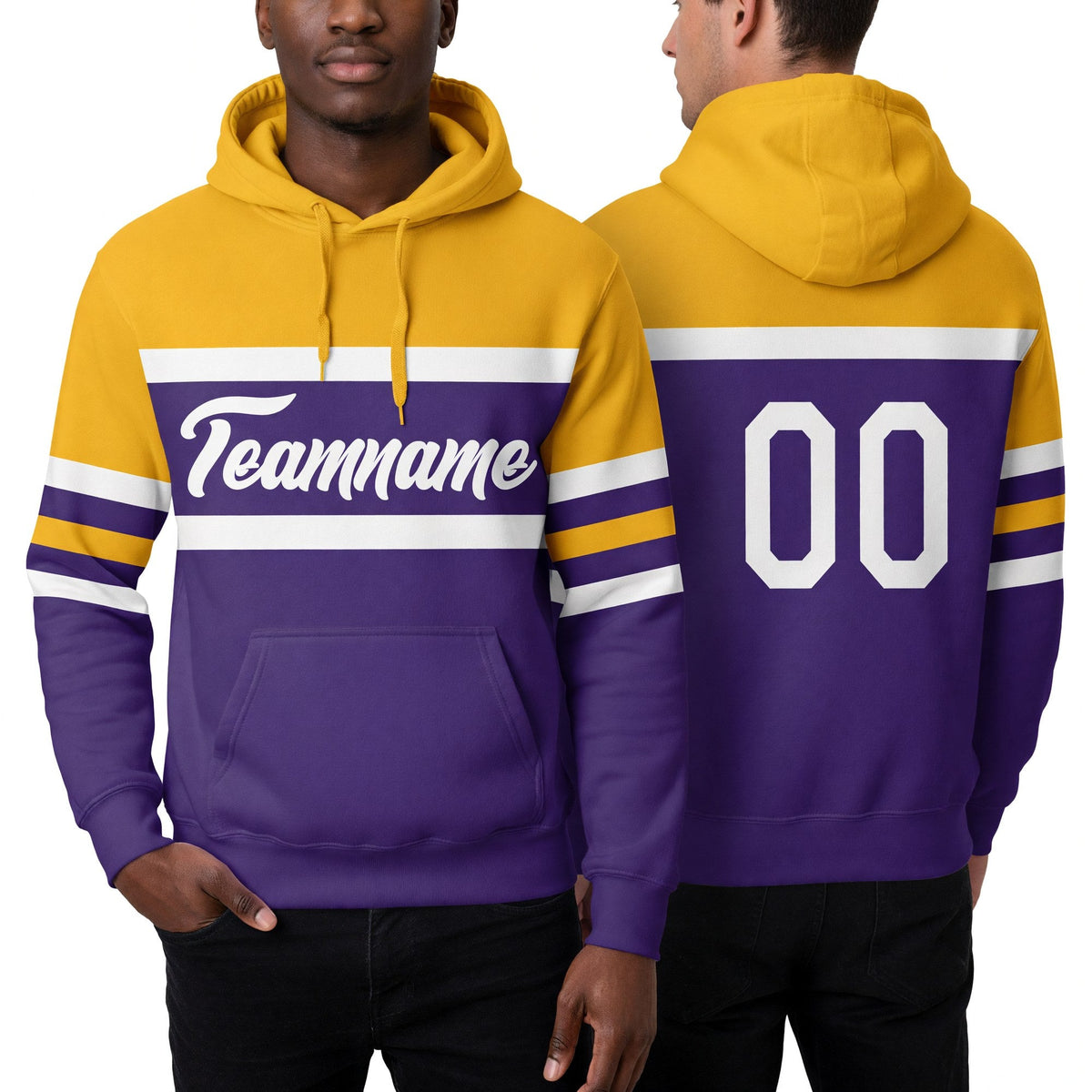 Custom Stitched Purple White-Gold Line Sports Pullover Sweatshirt Hoodie worn front and back