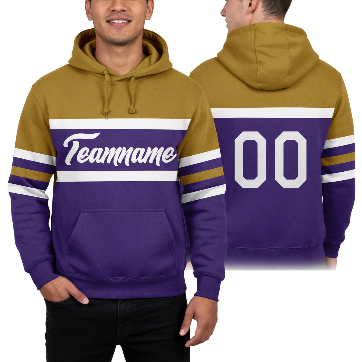 Custom Stitched Purple White-Old Gold Line Sports Pullover Sweatshirt Hoodie worn front and back