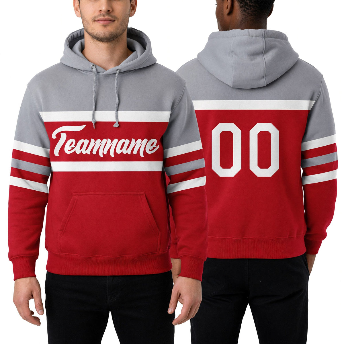 Custom Stitched Red White-Gray Line Sports Pullover Sweatshirt Hoodie worn front and back