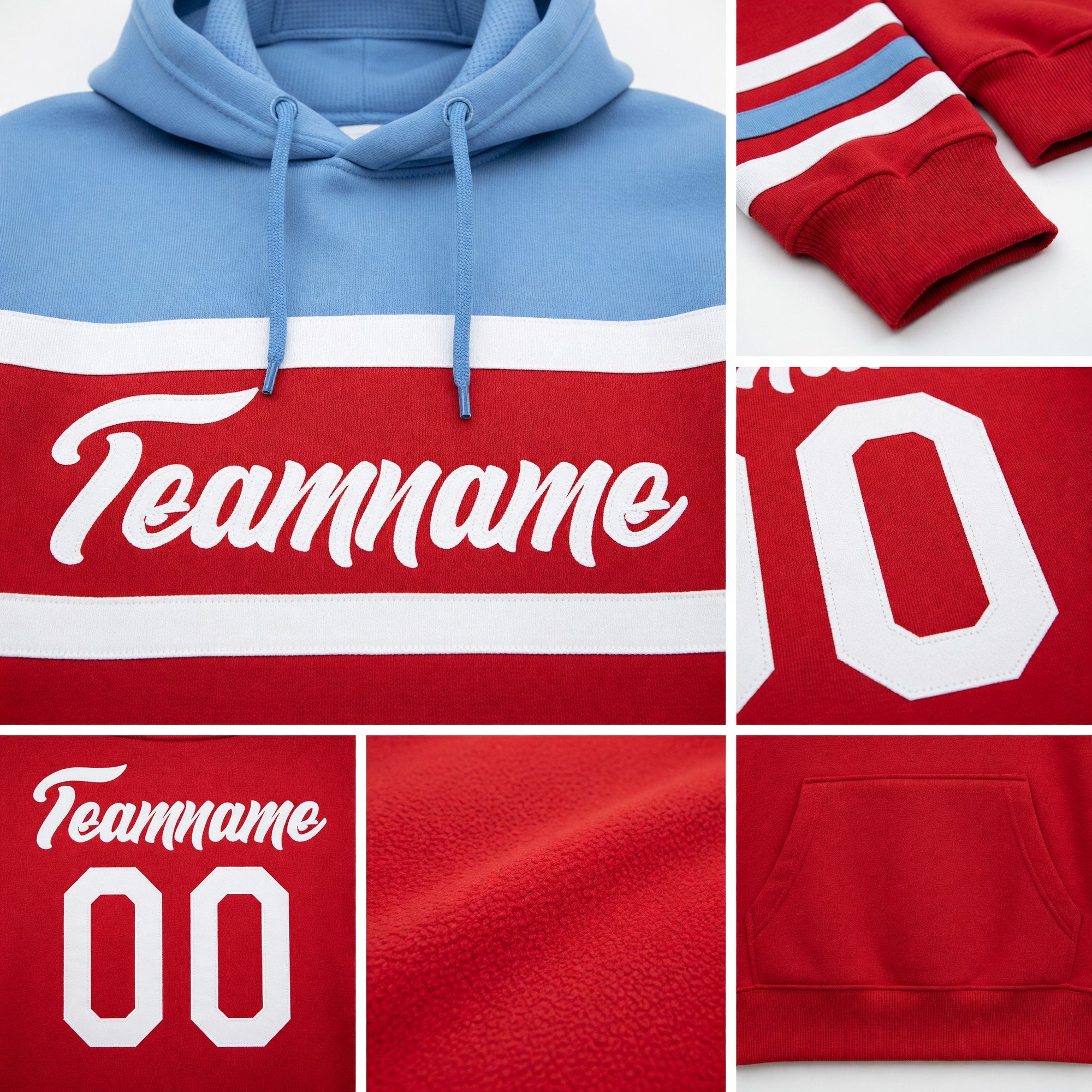 Custom Stitched Red White-Light Blue Line Sports Pullover Sweatshirt Hoodie detail