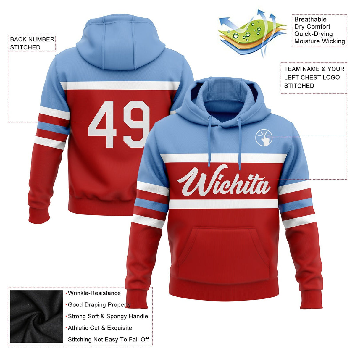 Custom Stitched Red White-Light Blue Line Sports Pullover Sweatshirt Hoodie photo 2