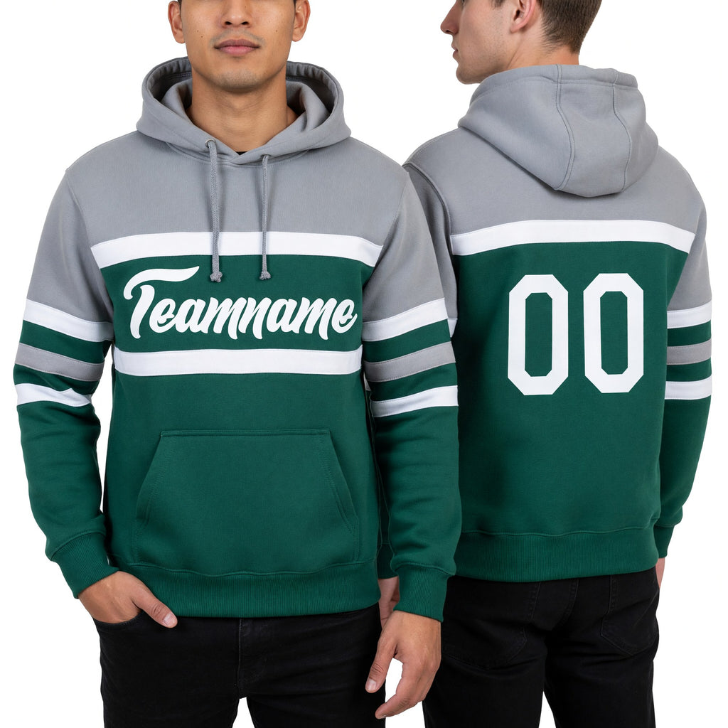 Custom Stitched Kelly Green White-Gray Line Sports Pullover Sweatshirt Hoodie worn front and back