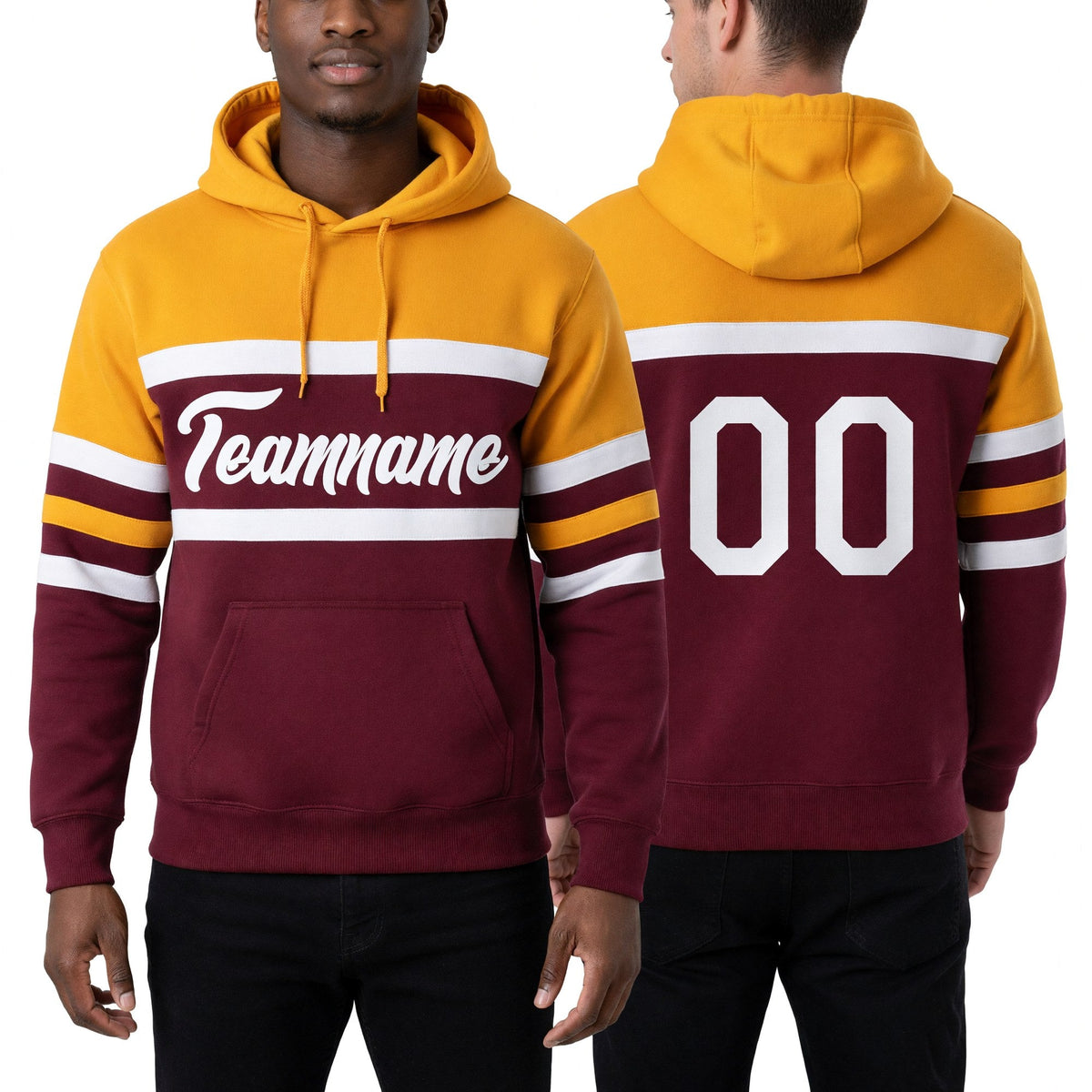 Custom Stitched Burgundy White-Gold Line Sports Pullover Sweatshirt Hoodie worn front and back