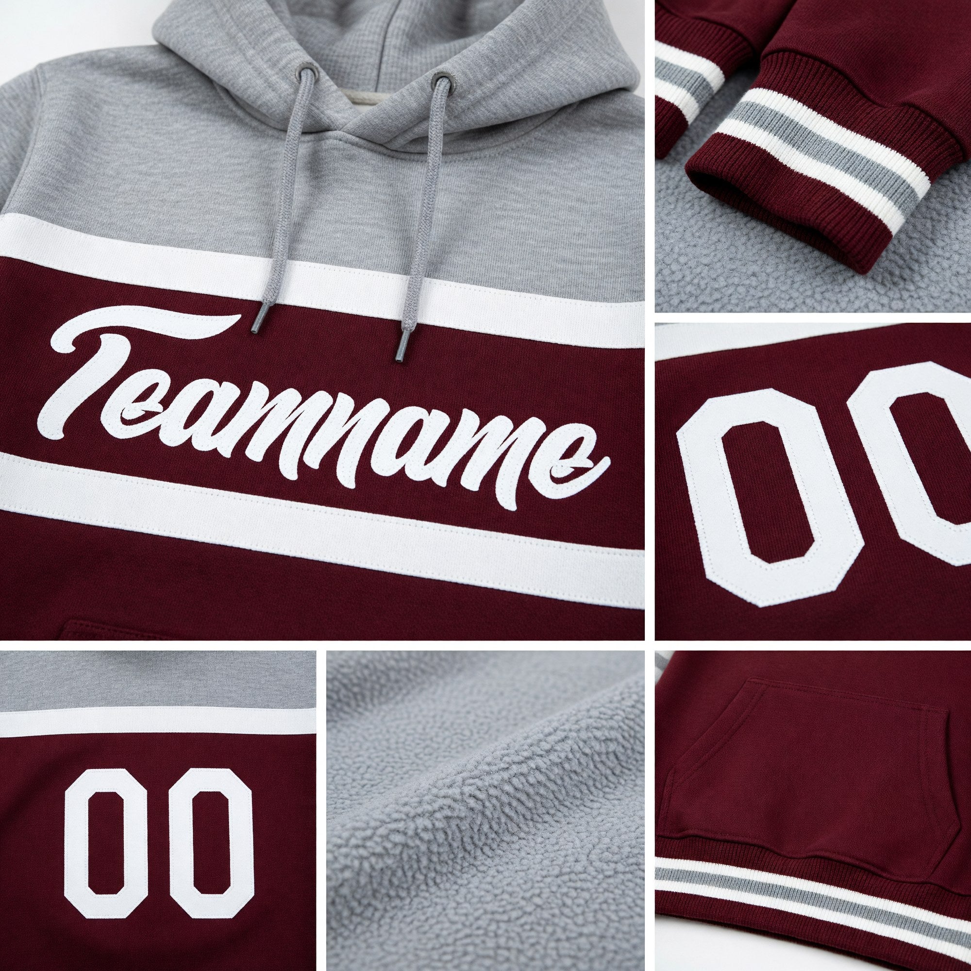 Custom Stitched Burgundy White-Gray Line Sports Pullover Sweatshirt Hoodie detail