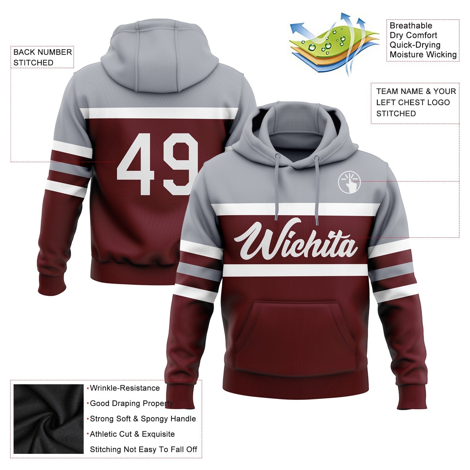 Custom Stitched Burgundy White-Gray Line Sports Pullover Sweatshirt Hoodie photo 2
