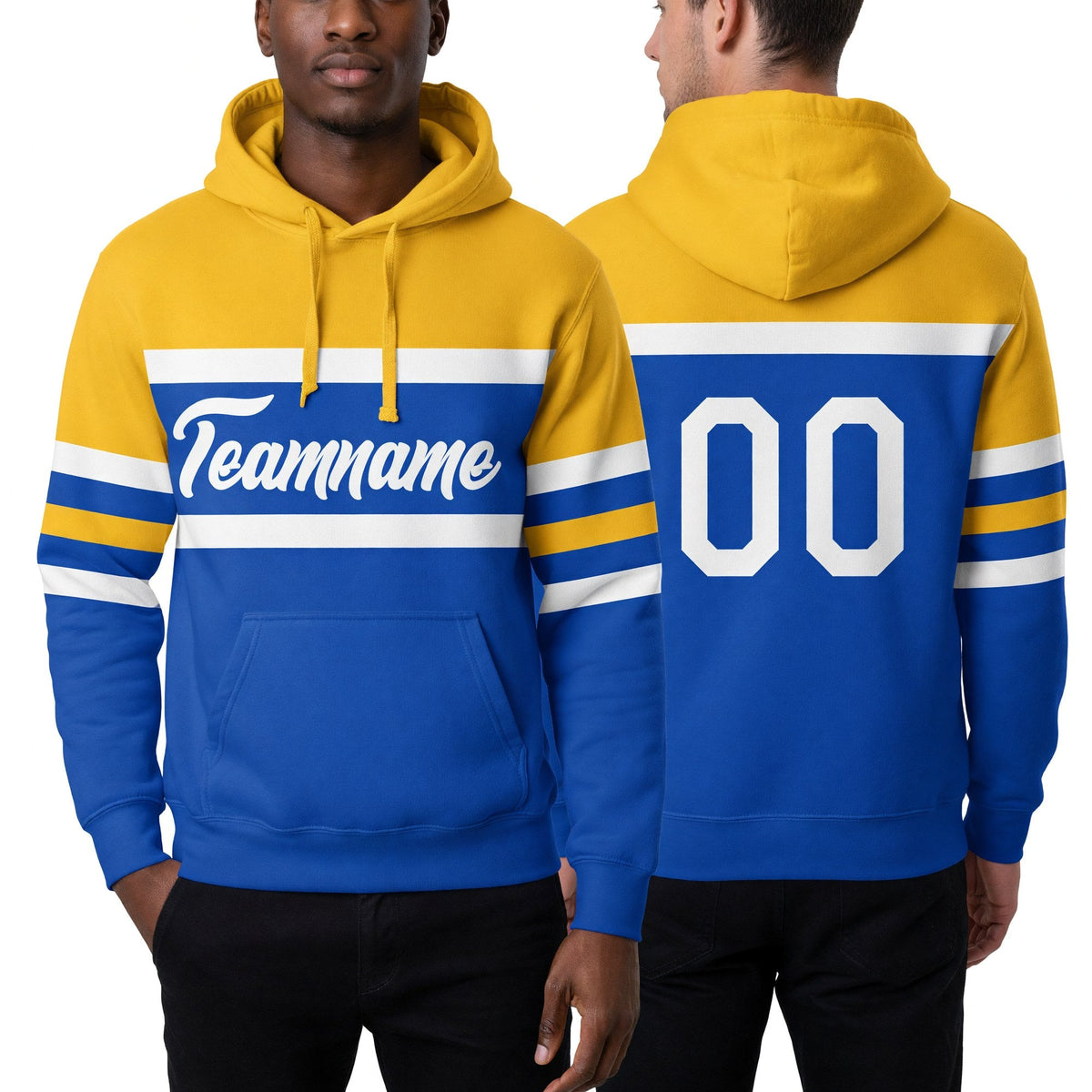 Custom Stitched Thunder Blue White-Gold Line Sports Pullover Sweatshirt Hoodie worn front and back
